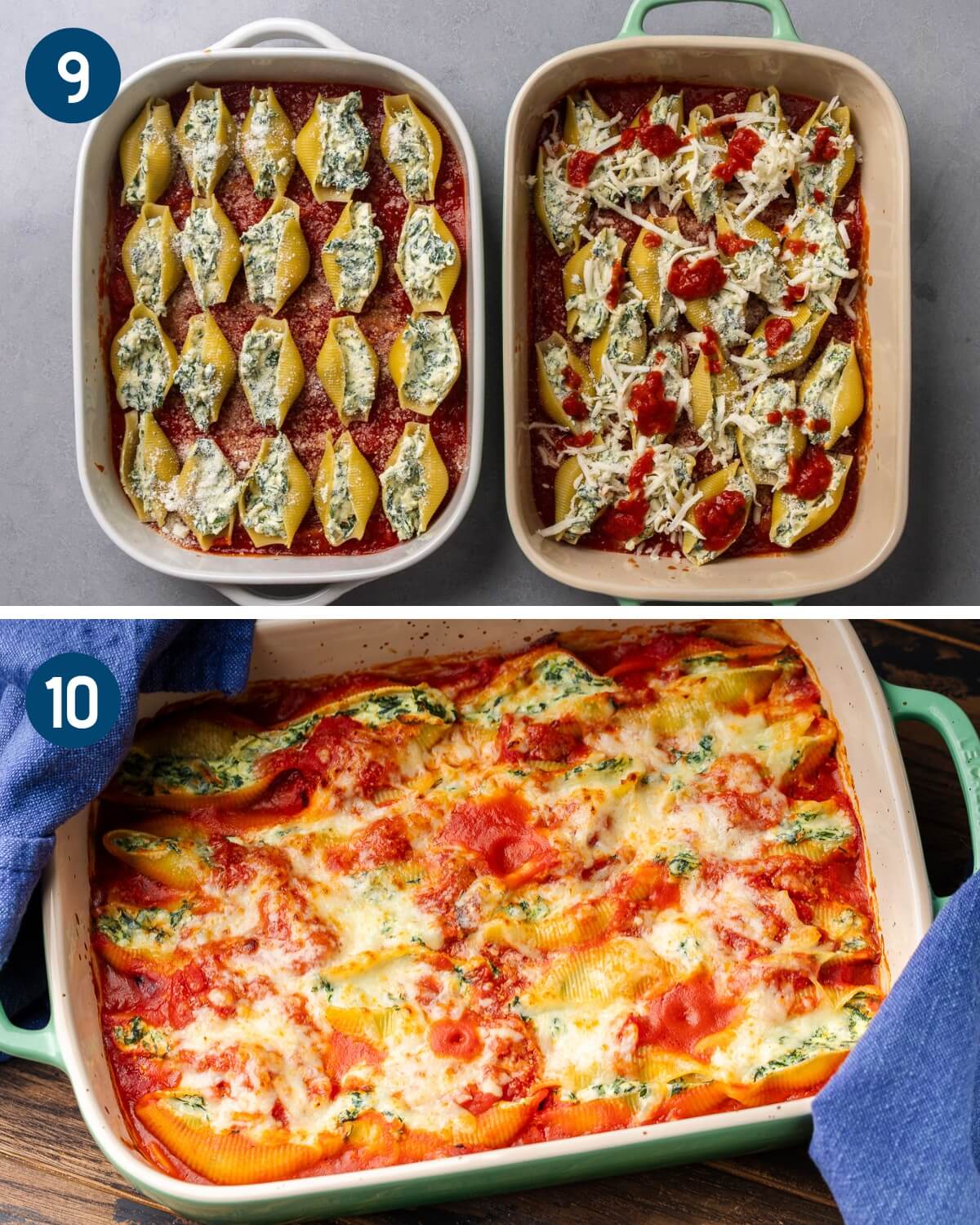 Recipe collage three showing the unbaked shells laying in baking dishes and then then the finsihed cooked dish.
