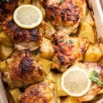 Greek lemon chicken and potatoes Pinterest image.