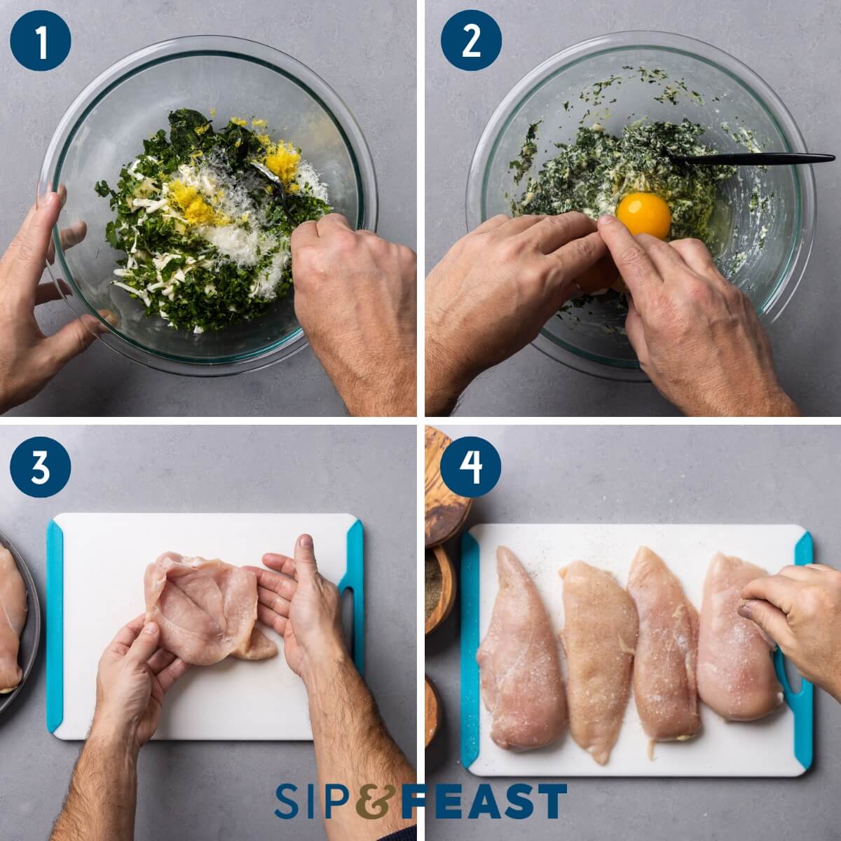 Spinach stuffed chicken breasts recipe collage group one showing mixing of stuffing, adding an egg, cutting a pocket into the chicken breasts, and seasoning the chicken with salt and pepper.