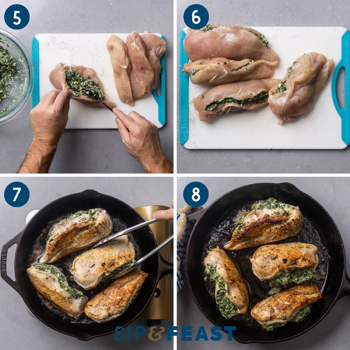 Recipe collage group two showing stuffing the breasts, placing toothpicks to secure, searing the breasts, and the finished dish after baking in the oven.