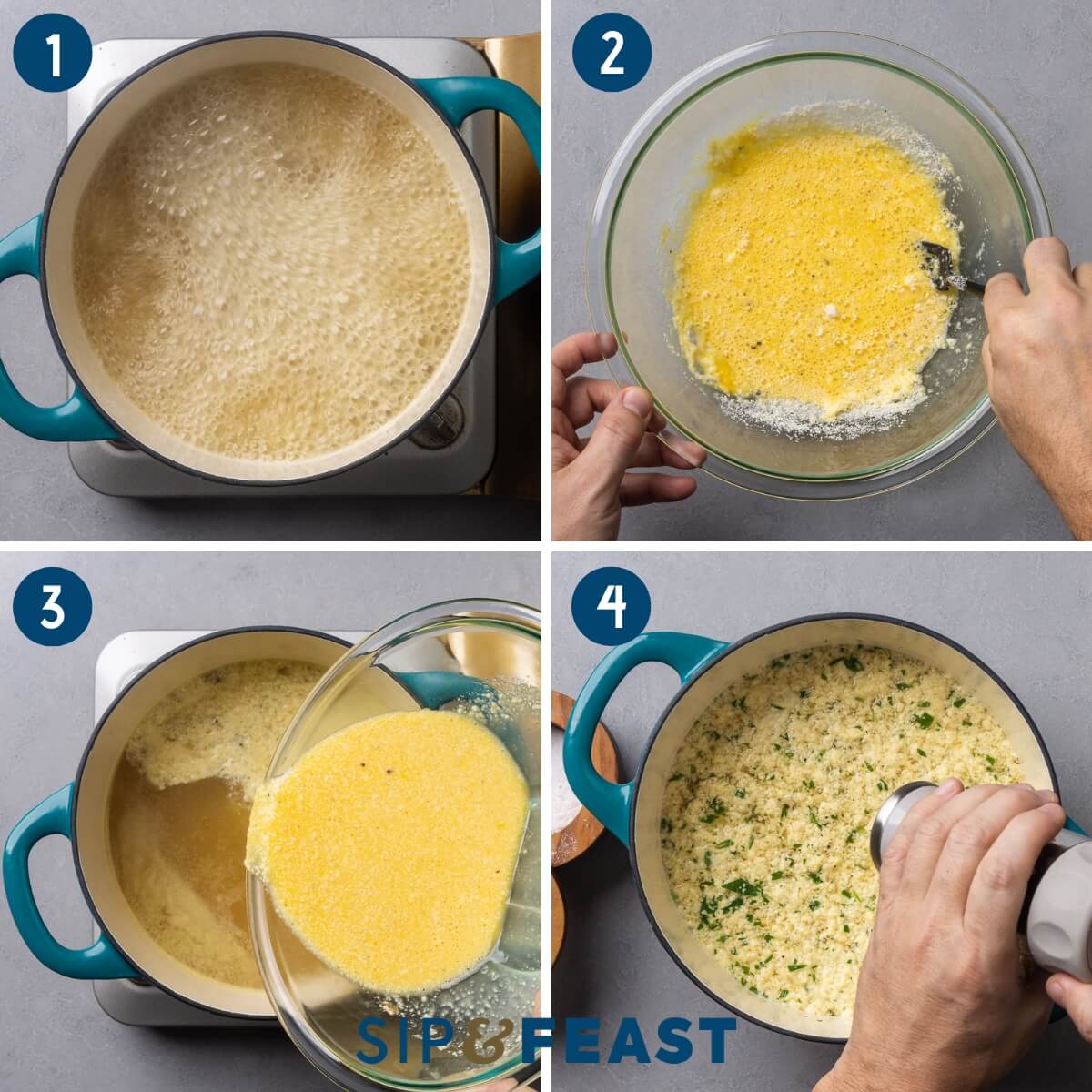 Stracciatella soup recipe process shot collage showing bringing chicken stock to a simmer, mixing the eggs and cheese together, pouring the mixture into the pot, and seasoning the soup.