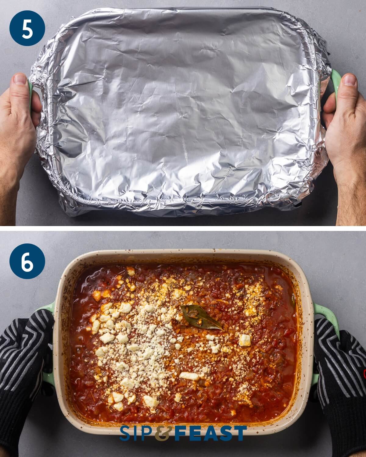 Collage three showing covering the baking dish with foil and the finished dish.