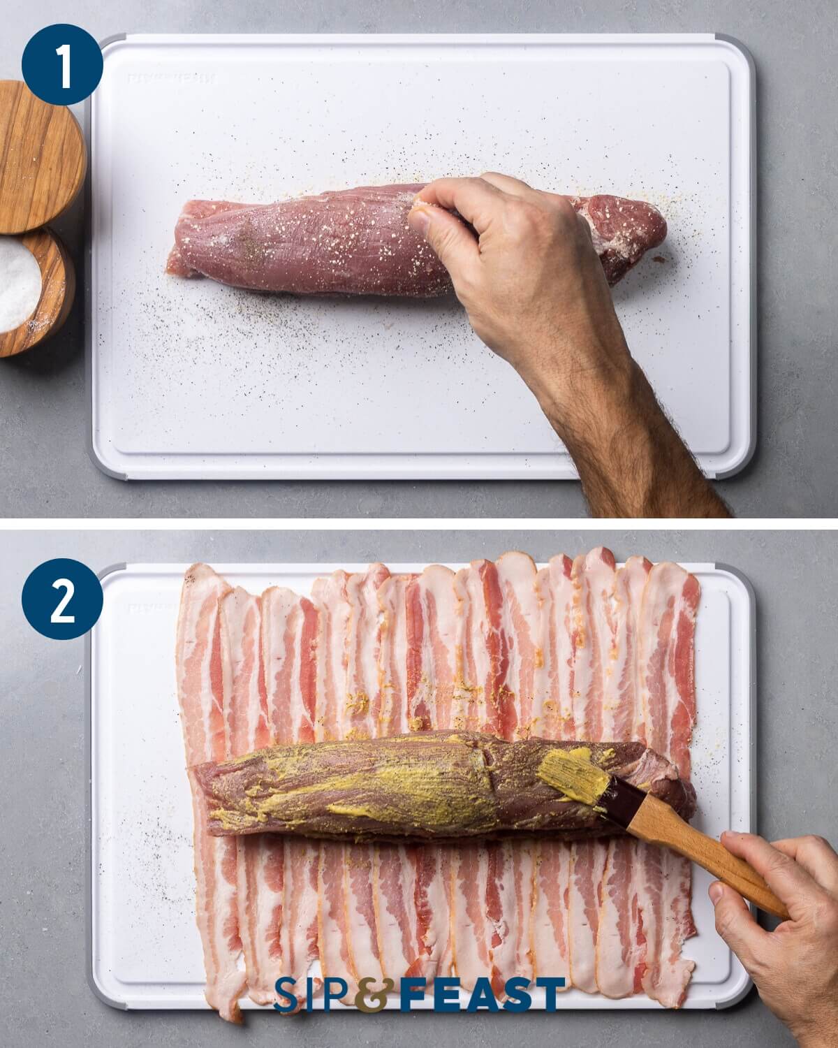 Bacon wrapped pork tenderloin recipe process shot collage group one showing seasoning of the pork tenderloin and spreading mustard onto the tenderloin.