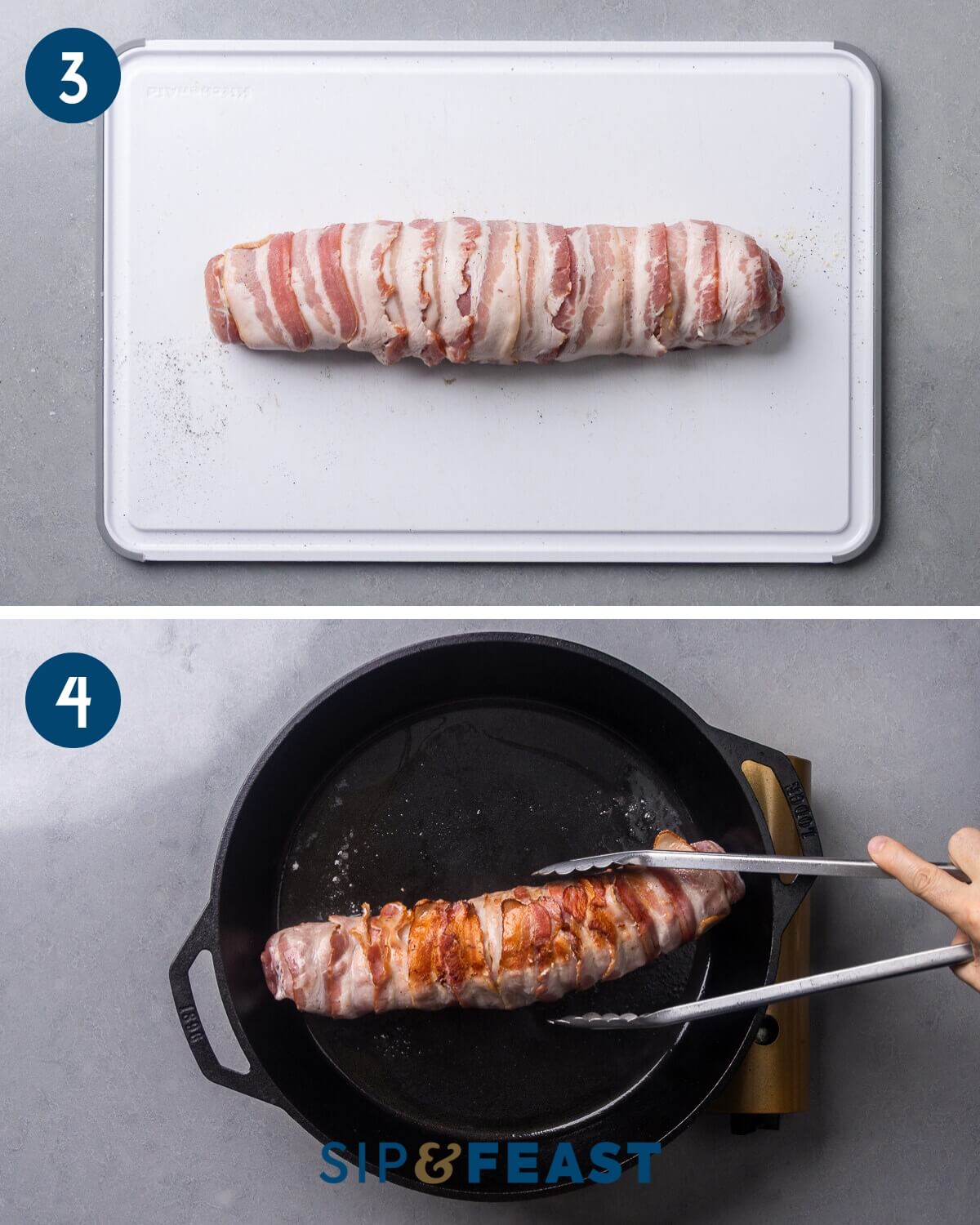 Recipe collage two showing wrapping the bacon around the pork tenderloin and searing it in a cast iron pan.