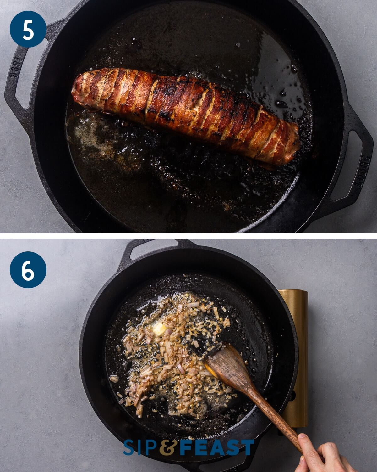Recipe collage three showing the roasted bacon wrapped pork tenderloin and sauteing the shallots in butter.