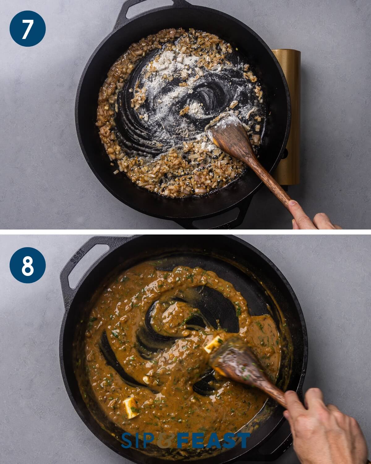 Recipe collage four showing cooking the flour in the pan and whisking in cold butter to make the pan sauce.