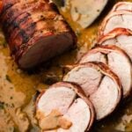 Bacon wrapped pork tenderloin Pinterest image.