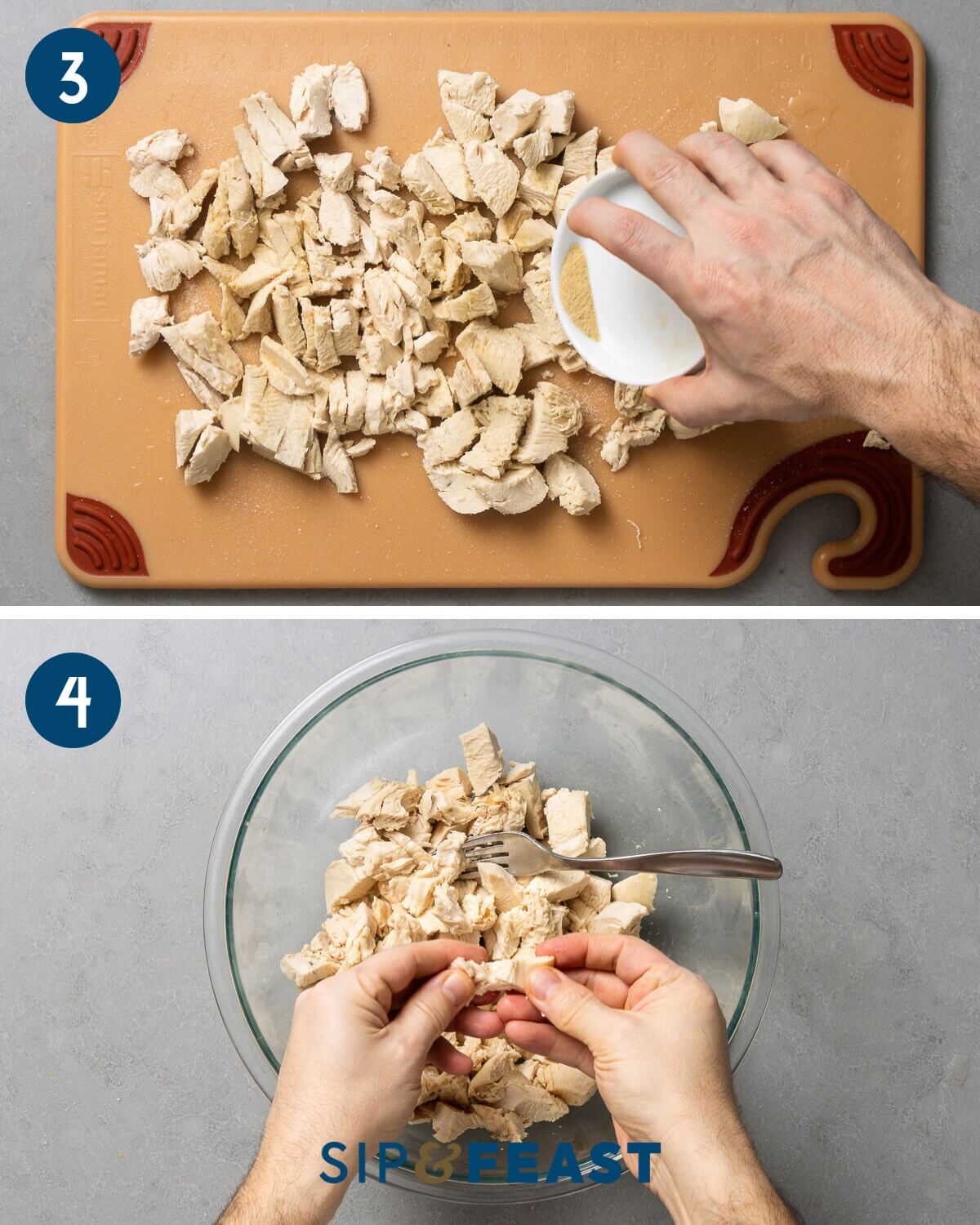 Recipe collage two showing seasoning the hot chicken on a cutting board and breaking the chicken into chunks and small pieces in bowl.
