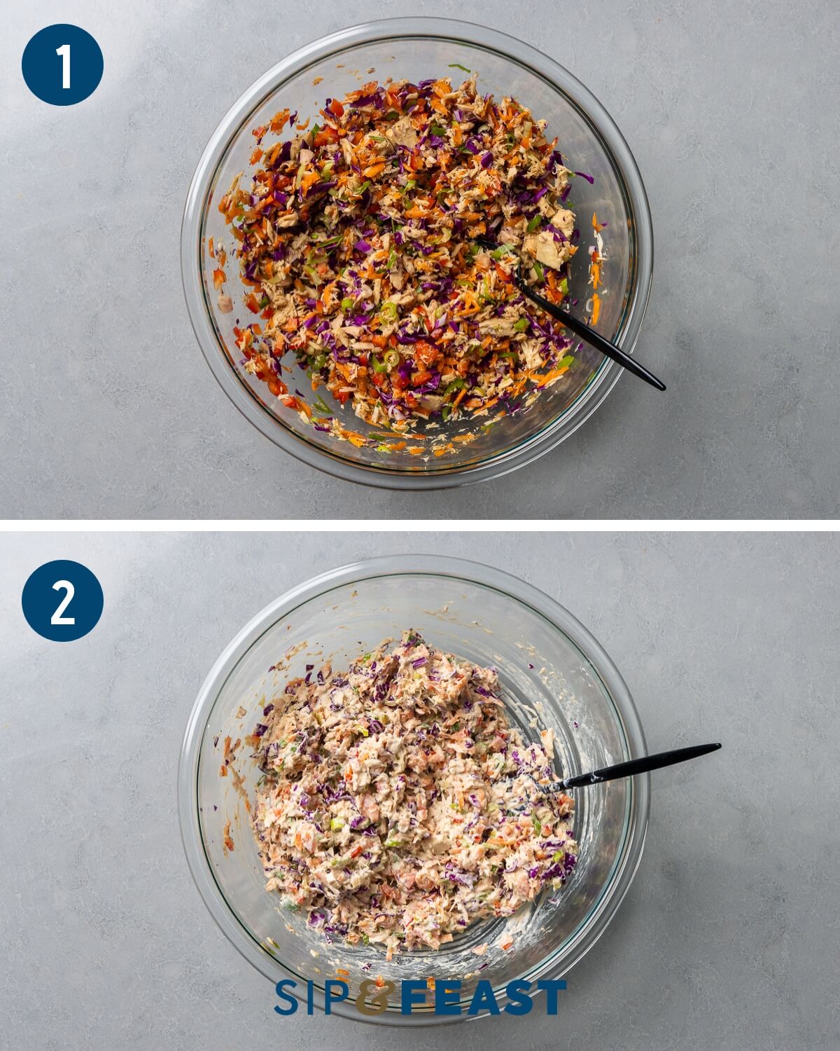 Recipe process collage showing mixing the tuna, vegetables, soy sauce, and celery together and mixing the salad with mayo and Greek yogurt.