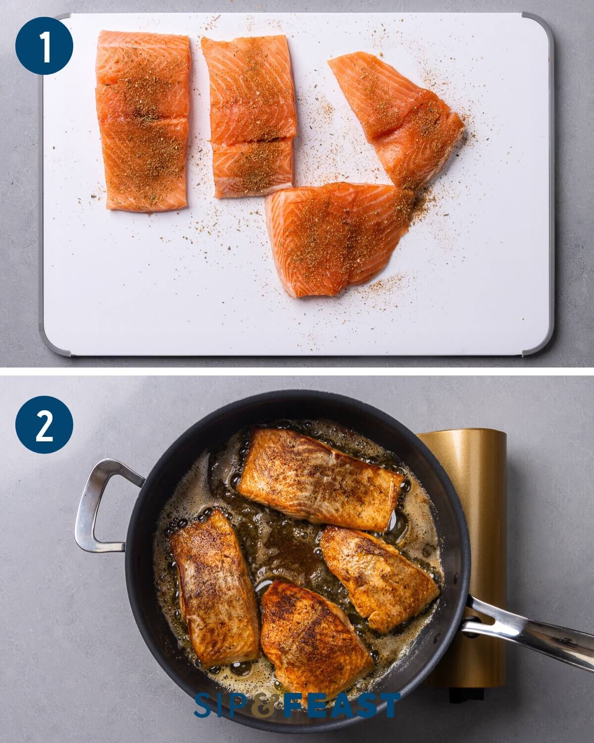 One pan salmon with spinach orzo recipe collage group one showing seasoning of salmon filets and searing the filets in a large deep pan.