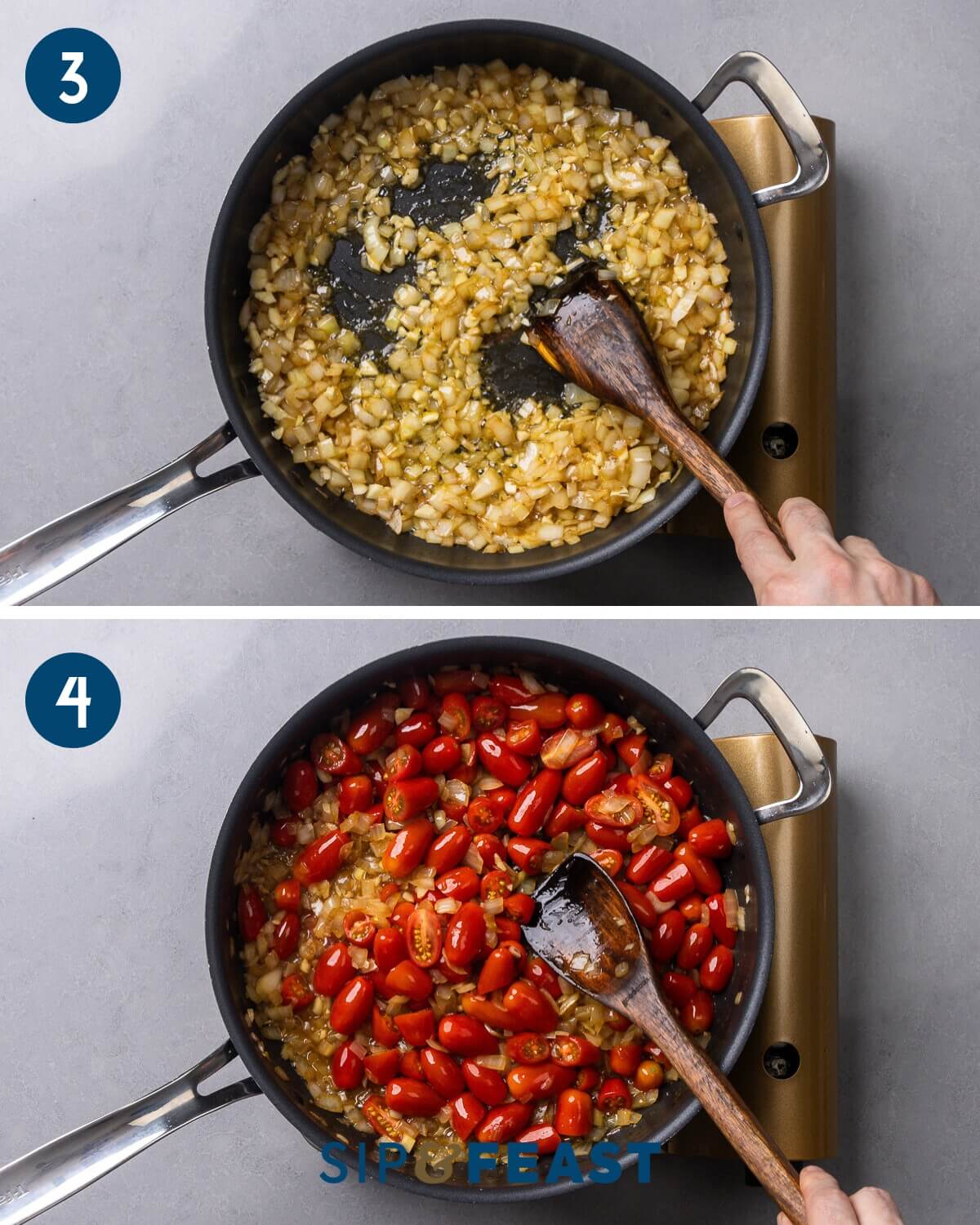 Recipe collage two showing sauteing the onion and garlic and adding the tomatoes to the pan.