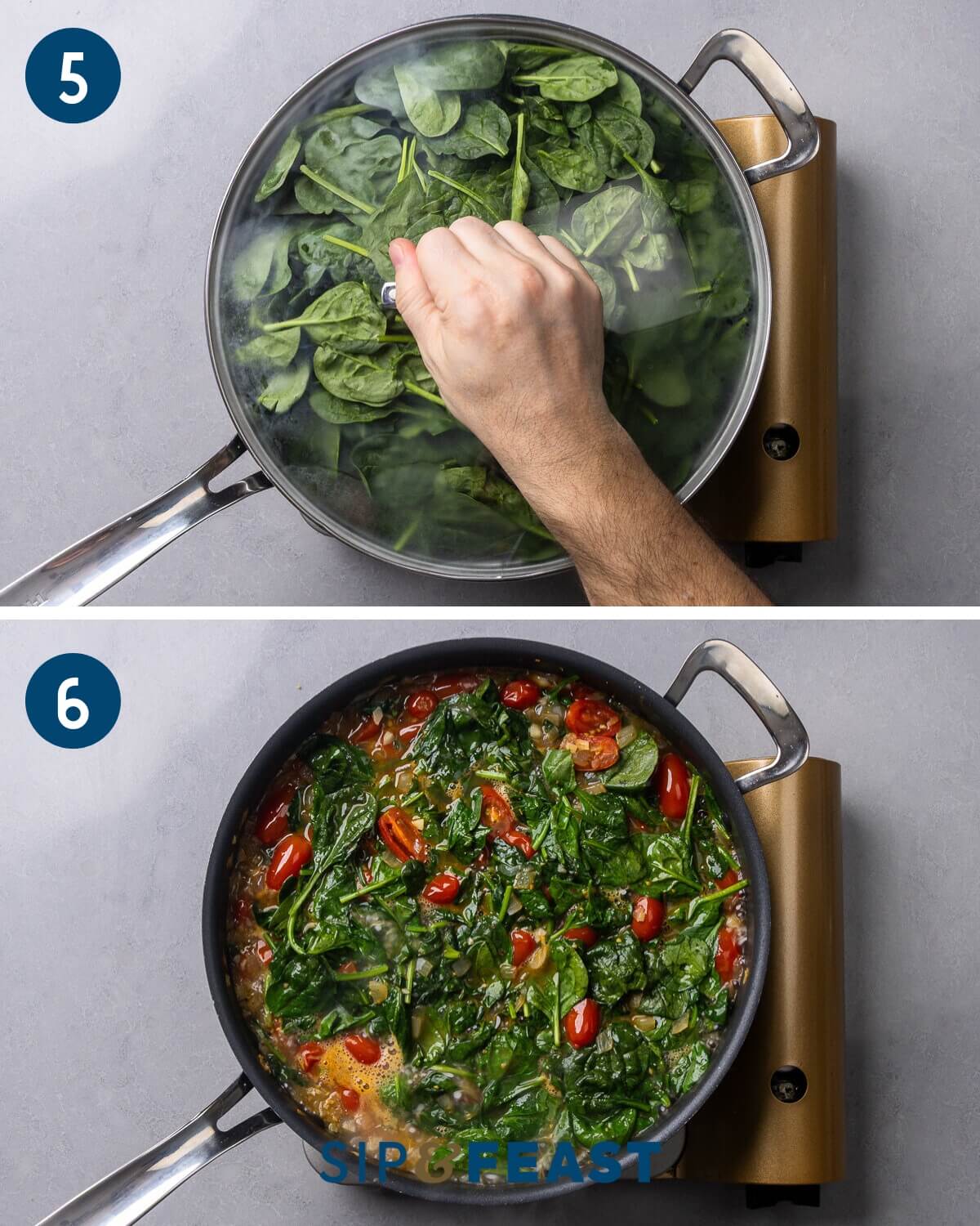 Recipe collage three showing steaming of spinach with the lid closed and bringing the pot to a boil.