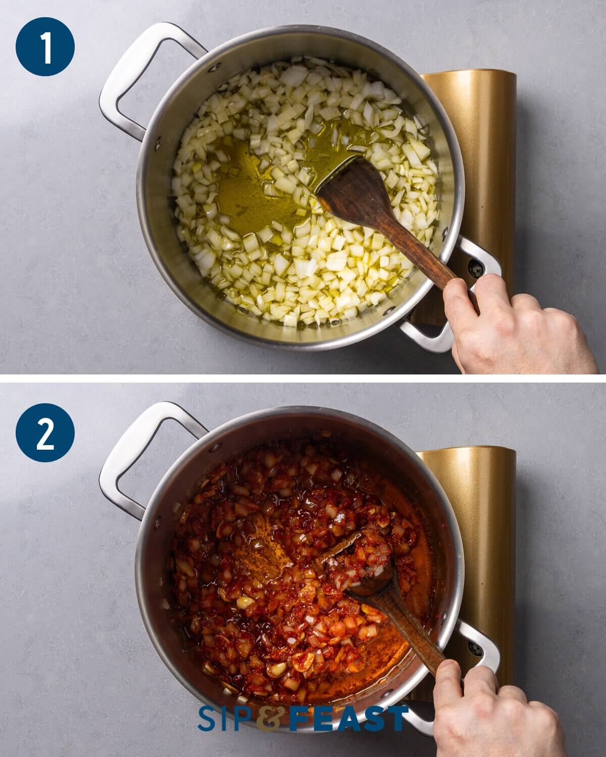 Italian meatballs and Sunday sauce recipe process collage group one showing sauteing of onions in olive oil and frying the tomato paste.