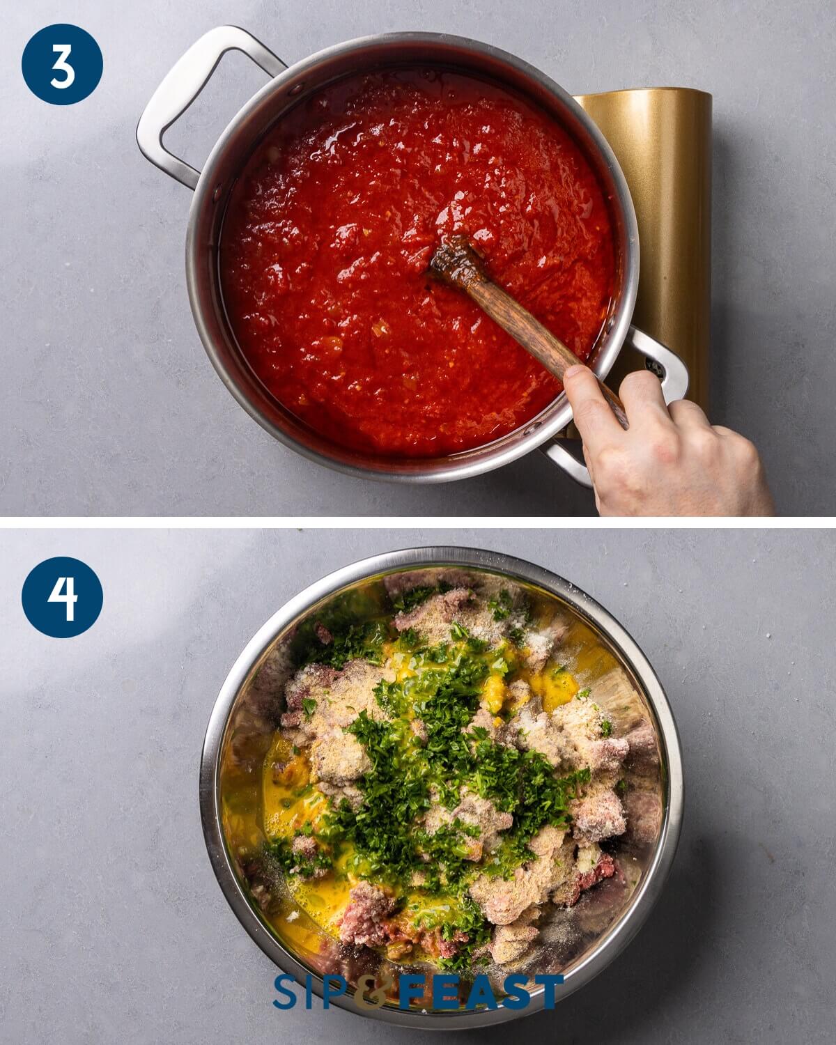 Recipe collage two showing adding the plum tomatoes and simmering the sauce and a bowl with all of the meatball ingredients.