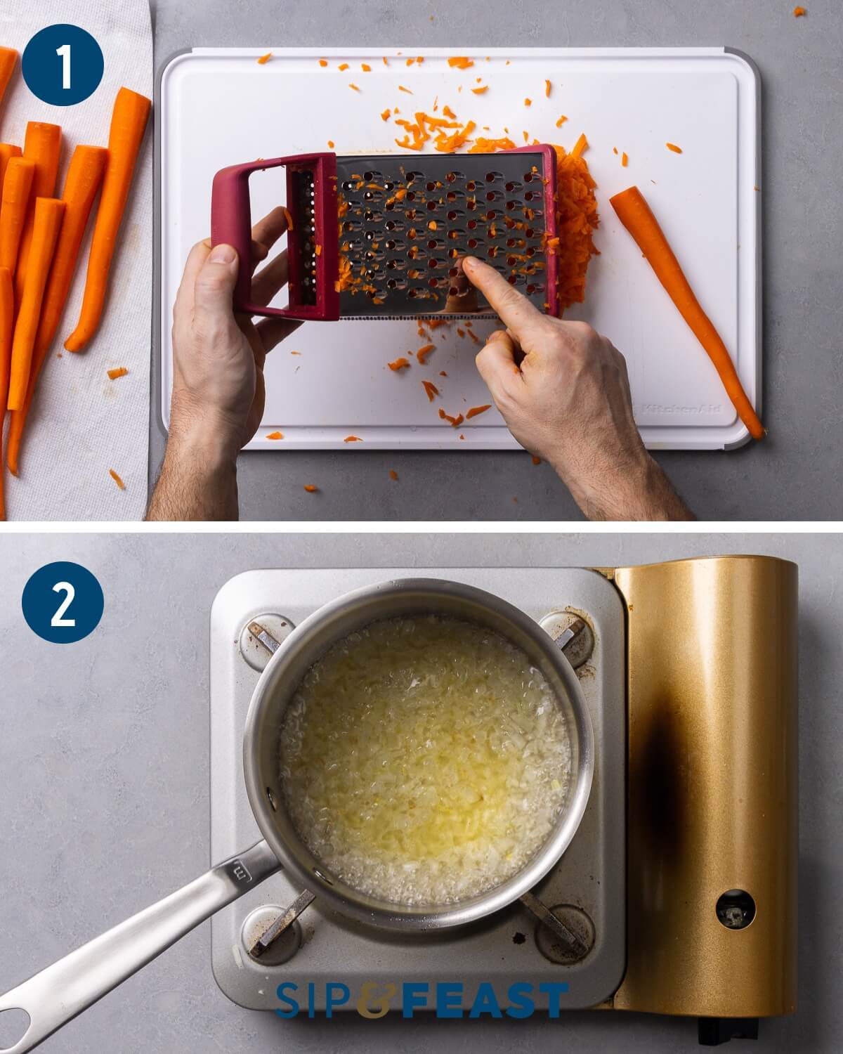 Recipe collage showing grating the carrots with a box grater and making the vinegar sauce.