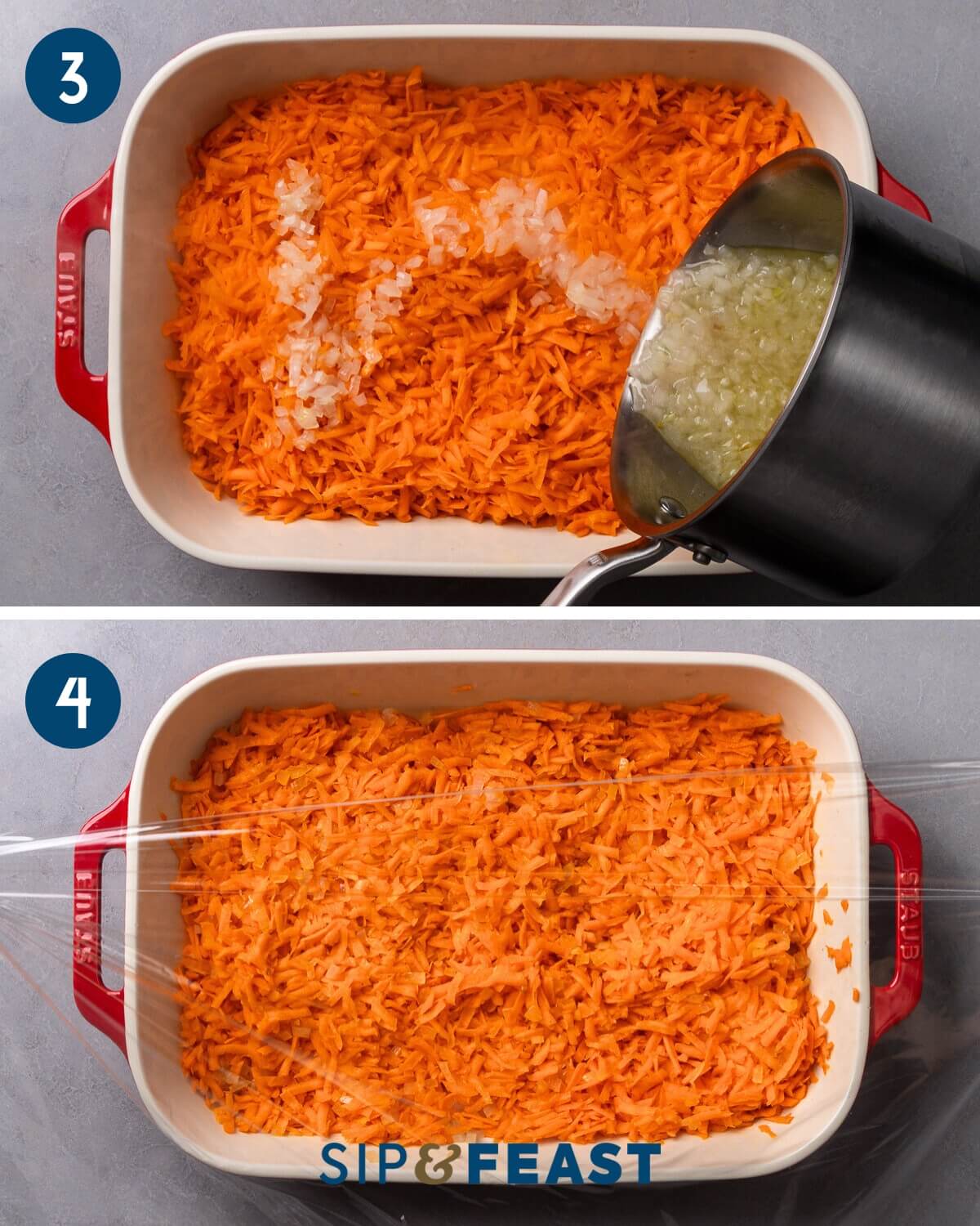 Recipe collage two showing pouring the brine over the grated carrots and covering plastic wrap.