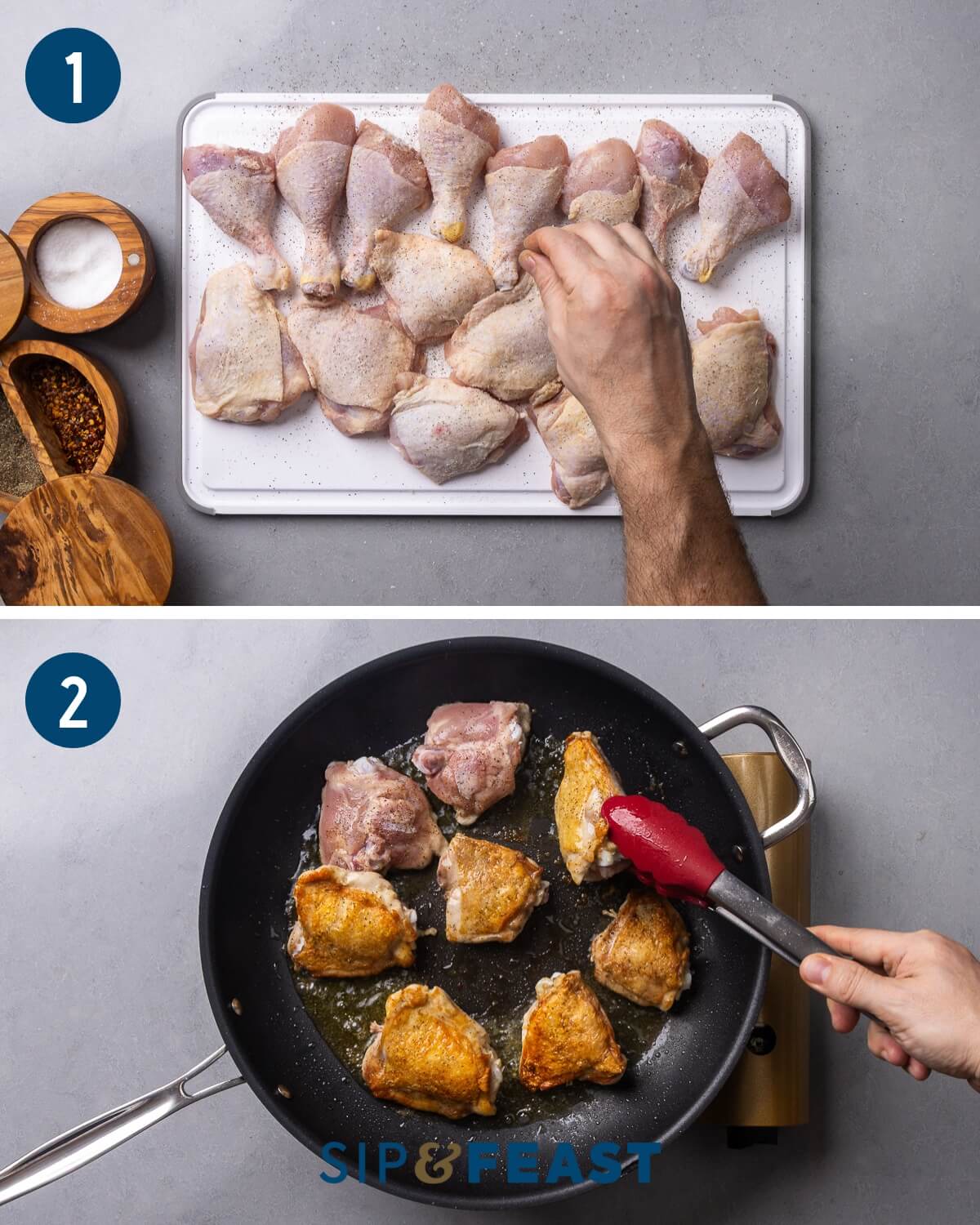 Chicken cacciatore recipe process shot collage group one showing seasoning of chicken and searing in a large pan.