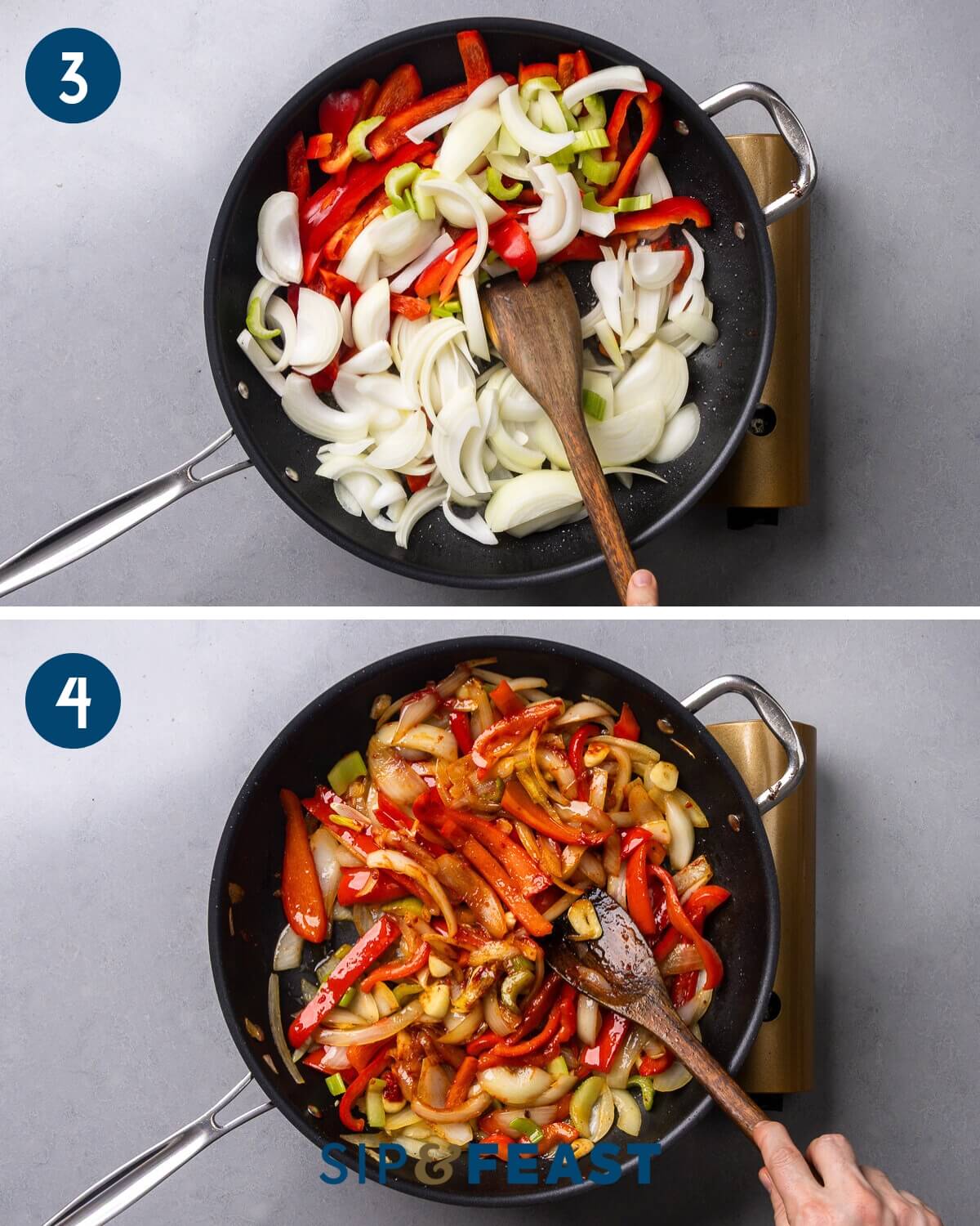 Recipe collage two showing sauteing of peppers, onions, and celery and mixing in the tomato paste.