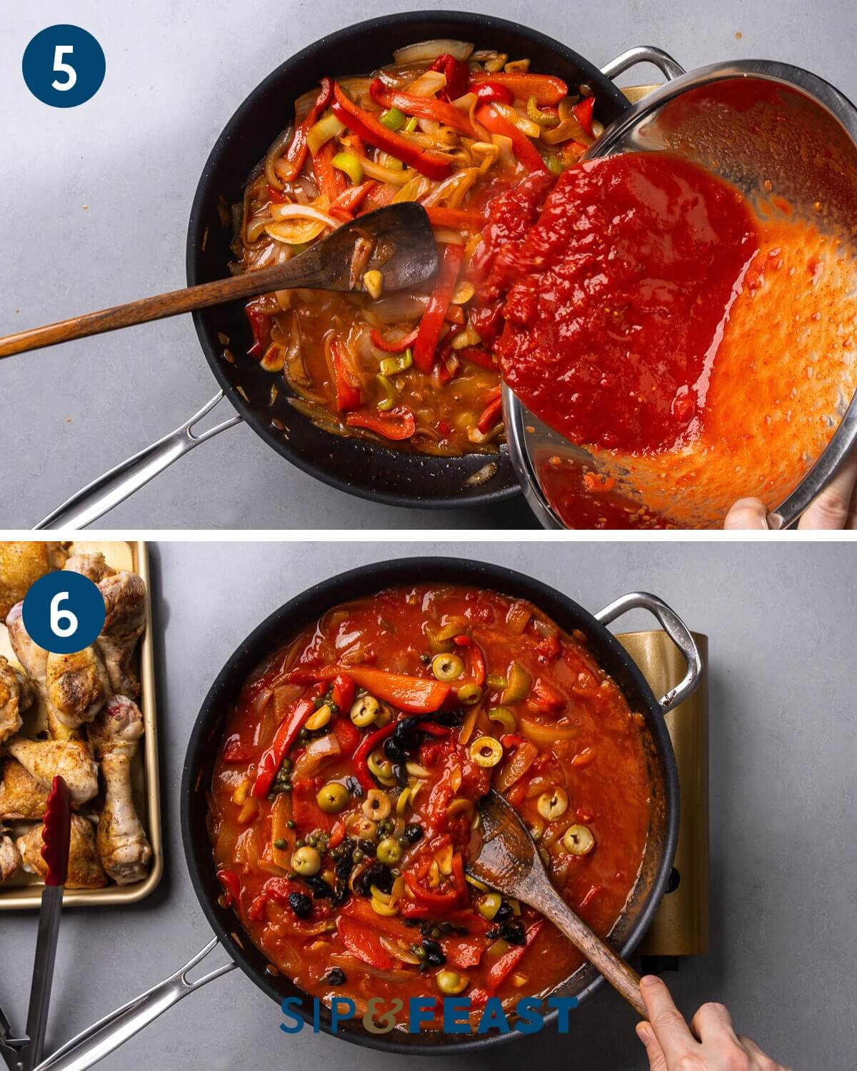 Recipe collage three showing adding the plum tomatoes, and adding the olives and capers.