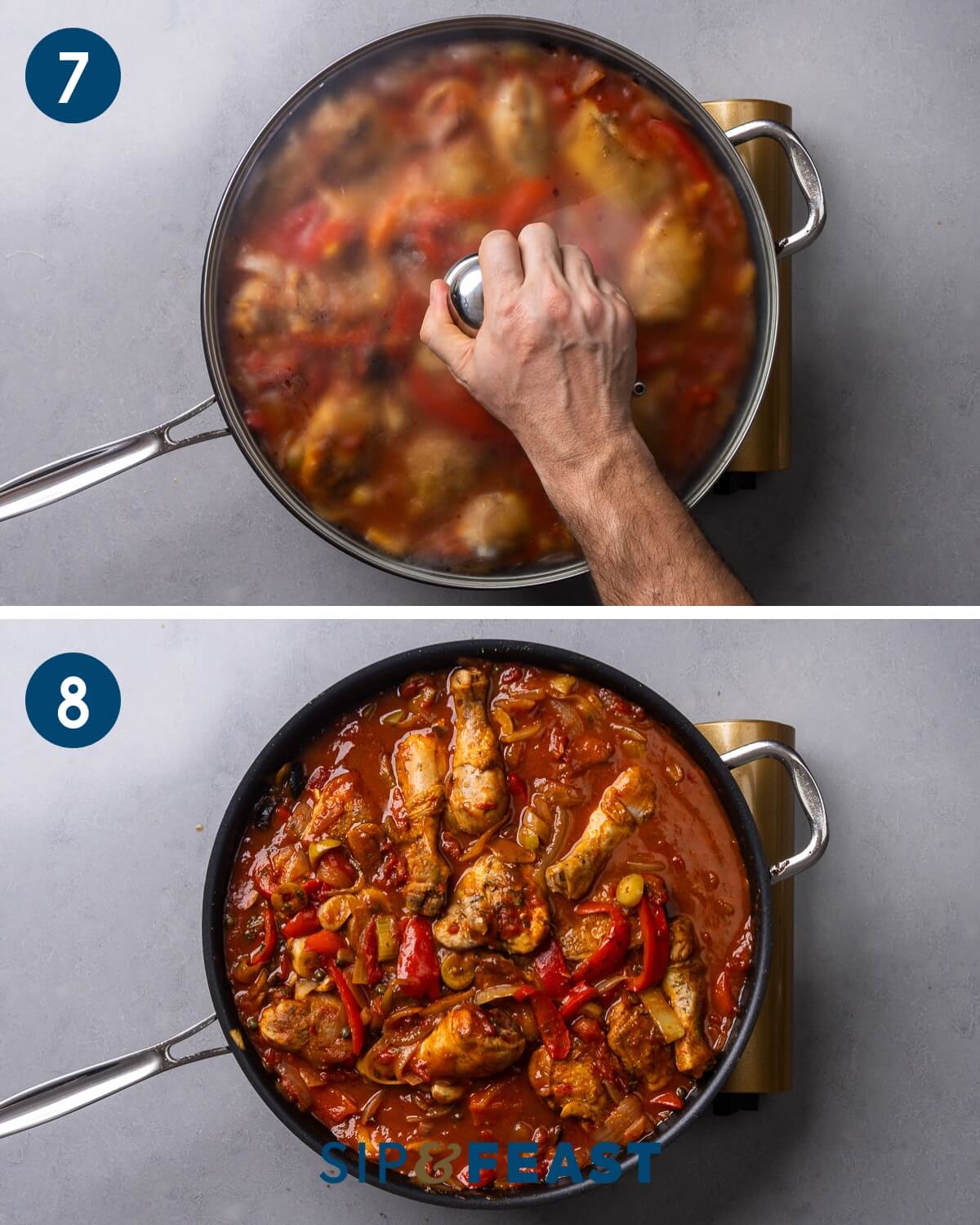 Recipe collage four showing covering and braising the cacciatore and the finished dish.