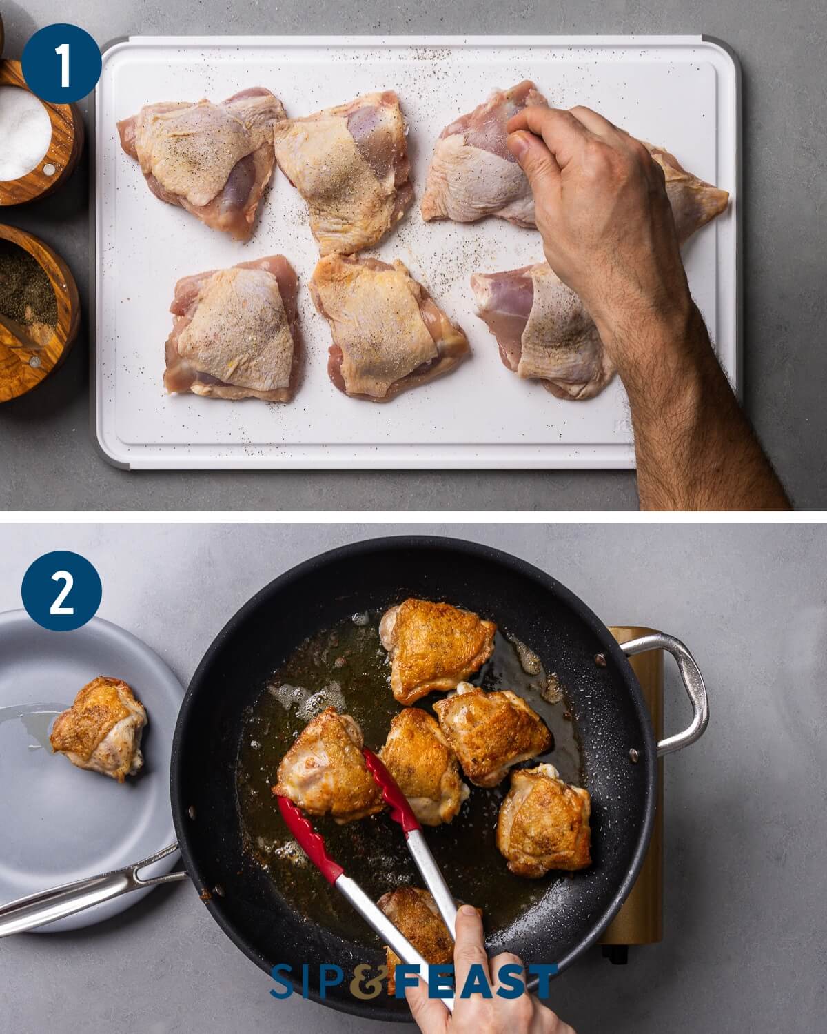 Chicken thighs with brothy beans recipe process shot collage group one showing seasoning of chicken and searing the thighs in a large pan.