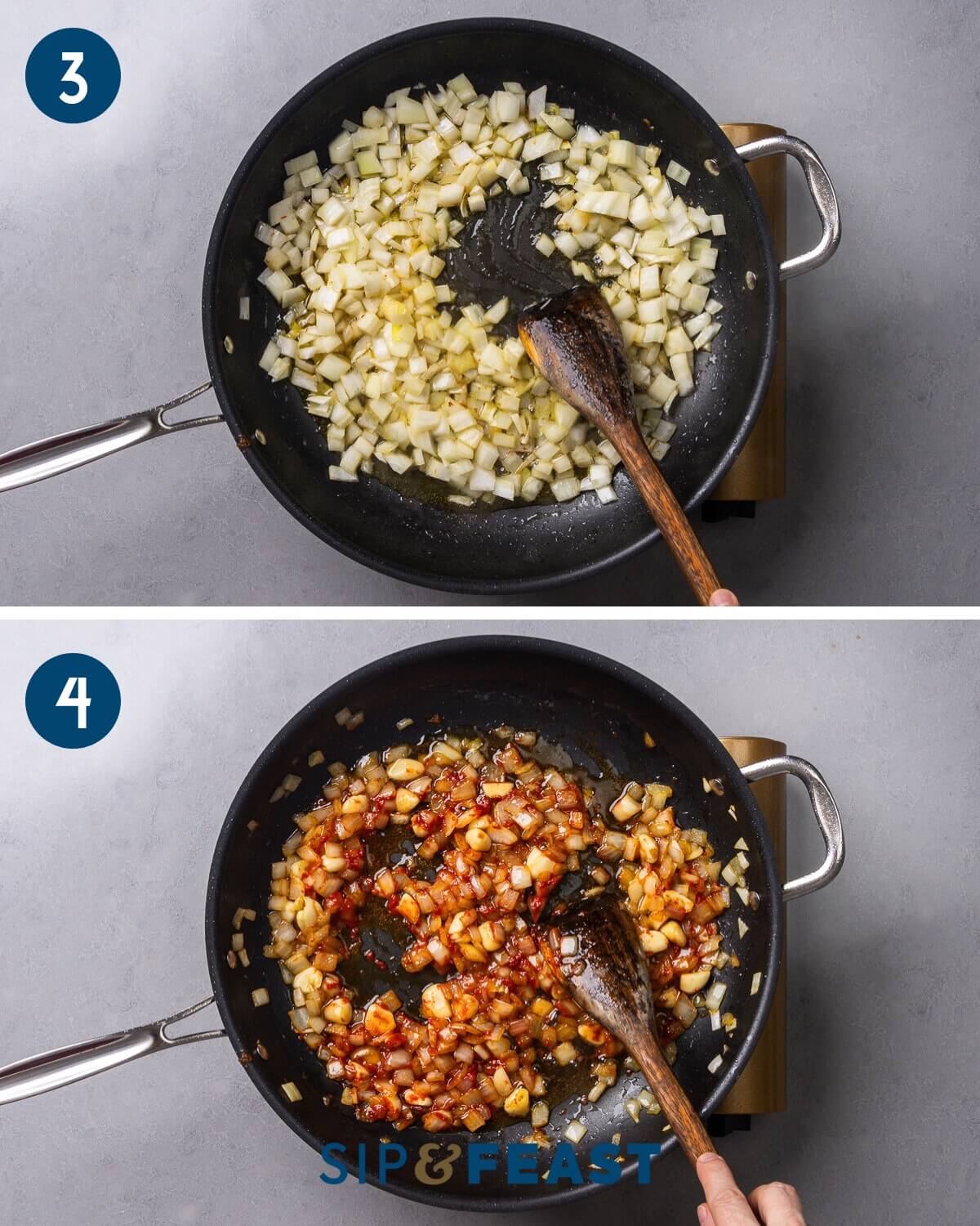 Recipe collage two showing sauteing the onion, garlic, and tomato paste.