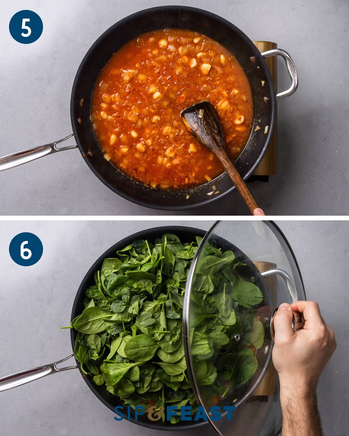 Recipe collage three showing deglazing the pan and adding the spinach.