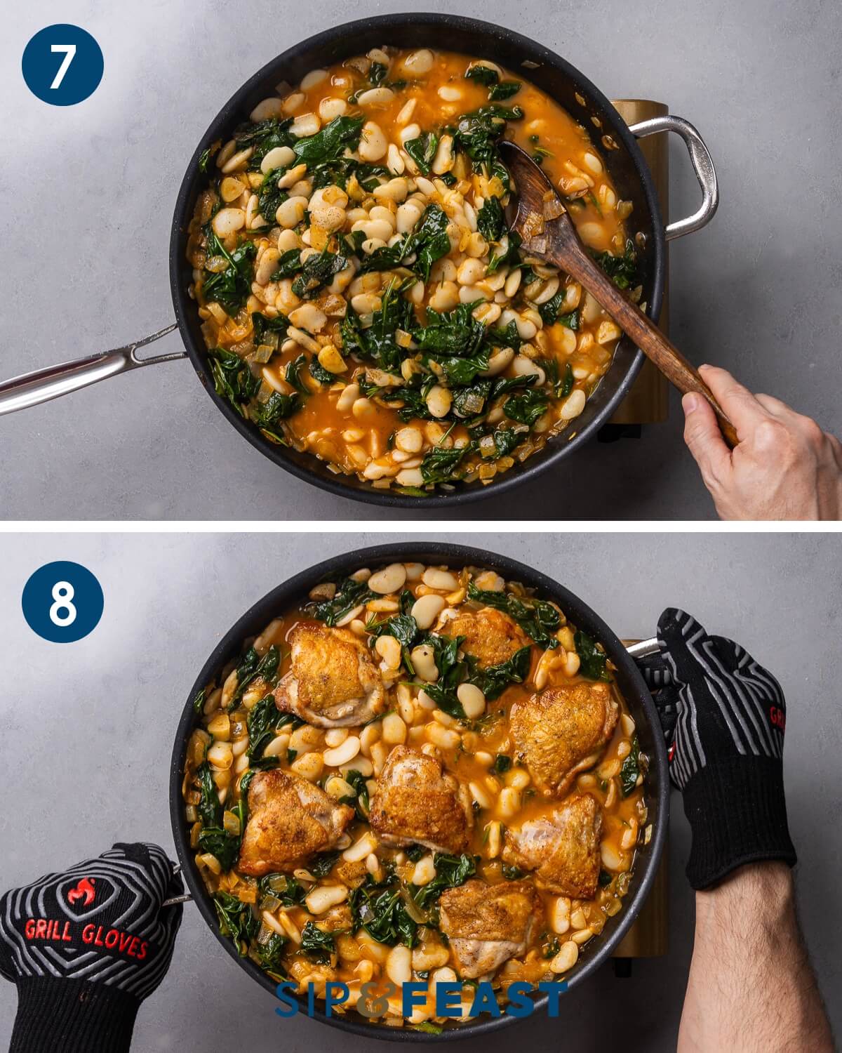 Recipe collage four showing adding the beans and the fiished dish after roasting the chicken thighs.