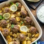 Greek meatballs and potatoes Pinterest image.