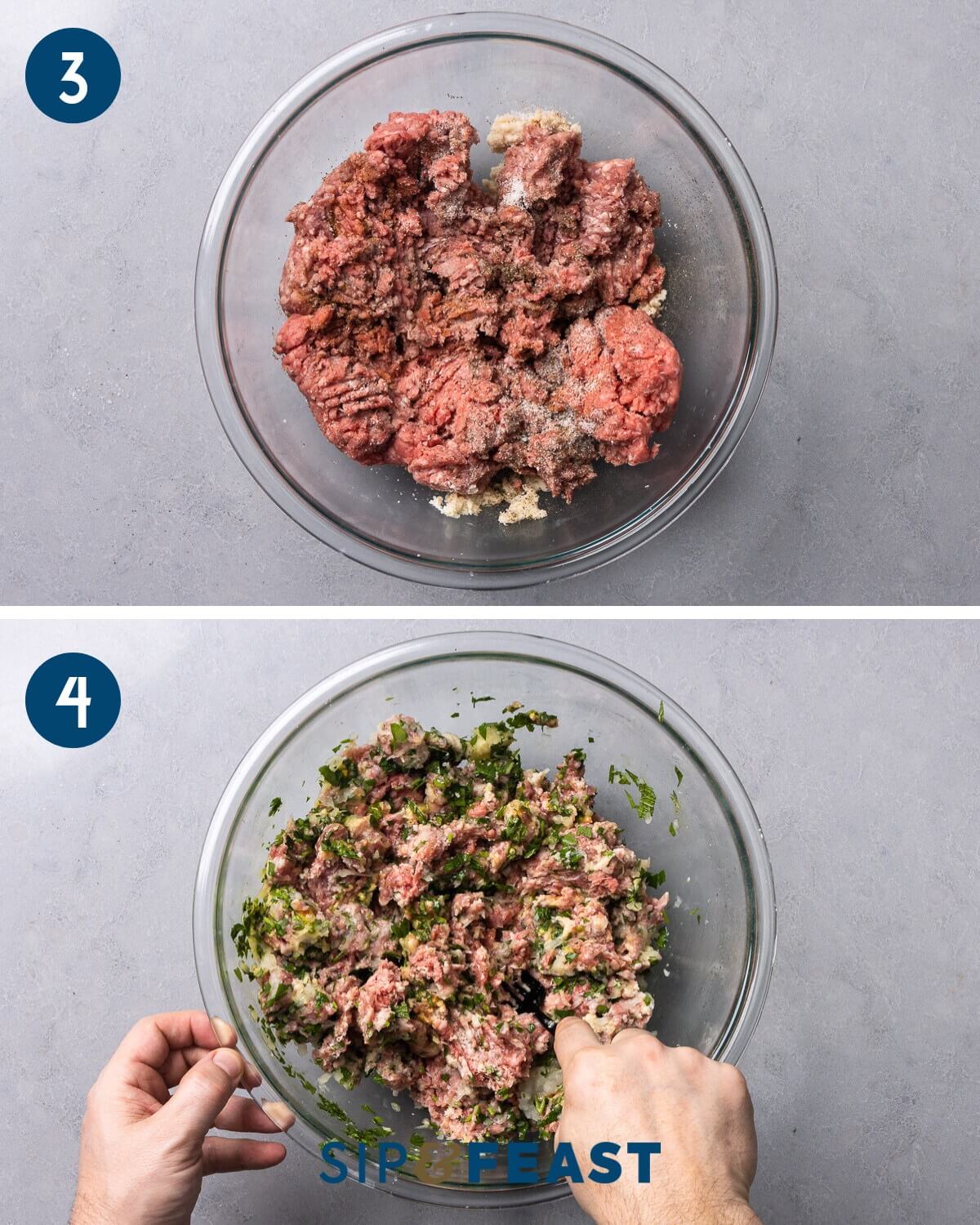 Recipe collage two showing seasoning ground beef and lamb in bowl and combining the remaining meatball ingredients.