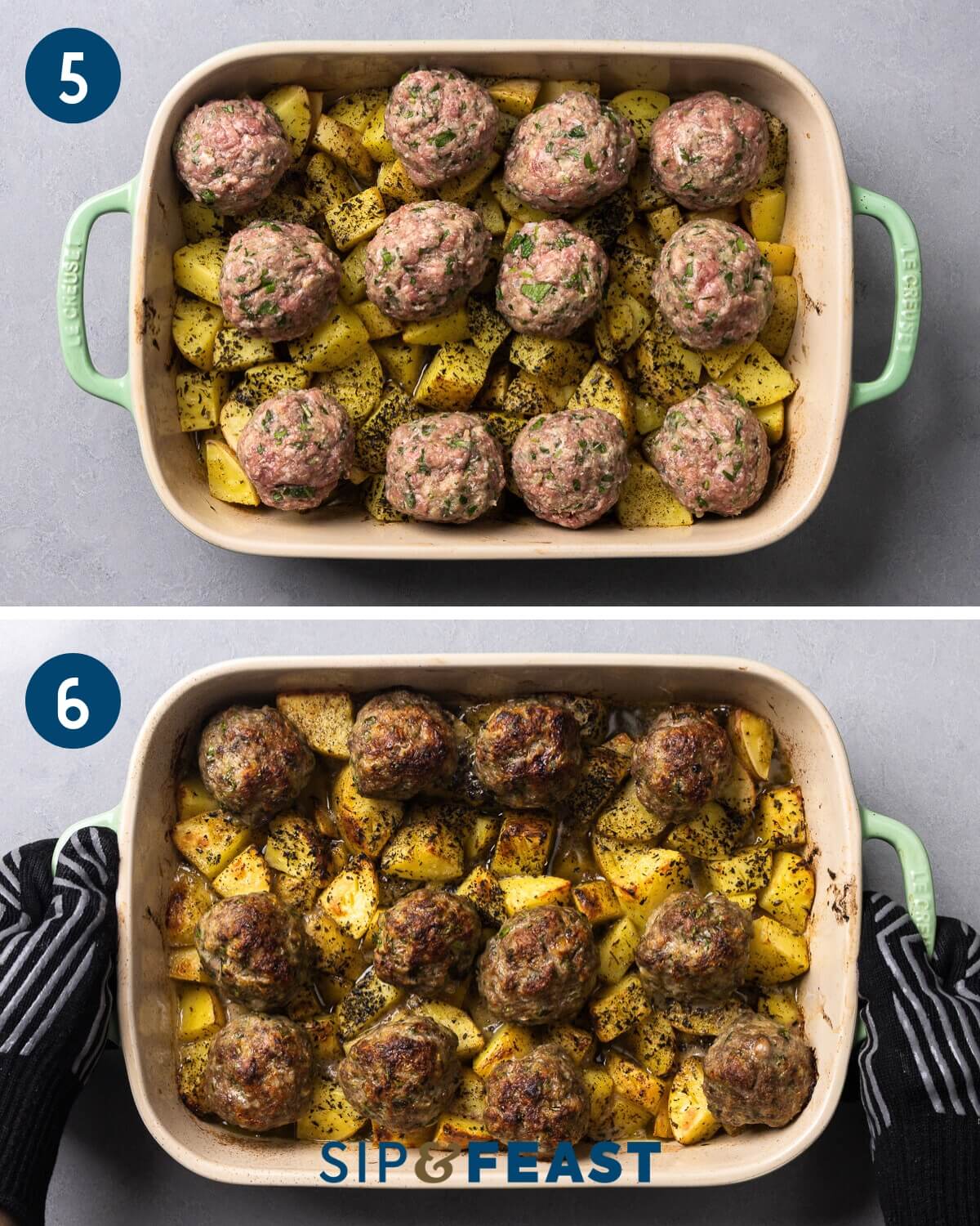 Recipe collage three showing placing the raw meaballs over the parcooked potatoes and the finished baked dish.