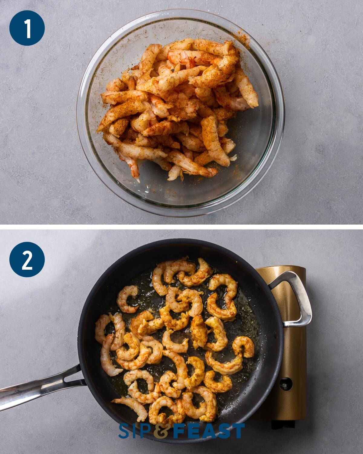 Old Bay shrimp with capellini recipe process shot collage group one showing seasoning the shrimp and searing them in a large pan.