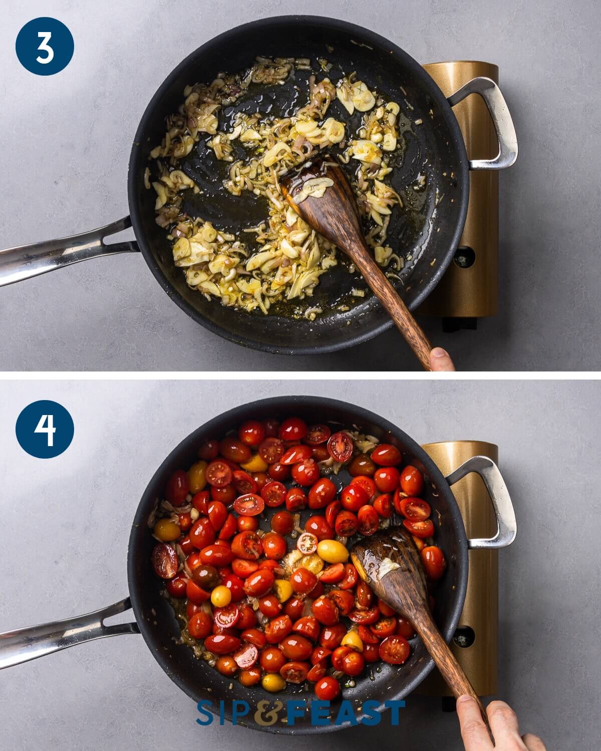 Recipe collage two showing sauteing of shallots and garlic and adding the halved cherry tomatoes.