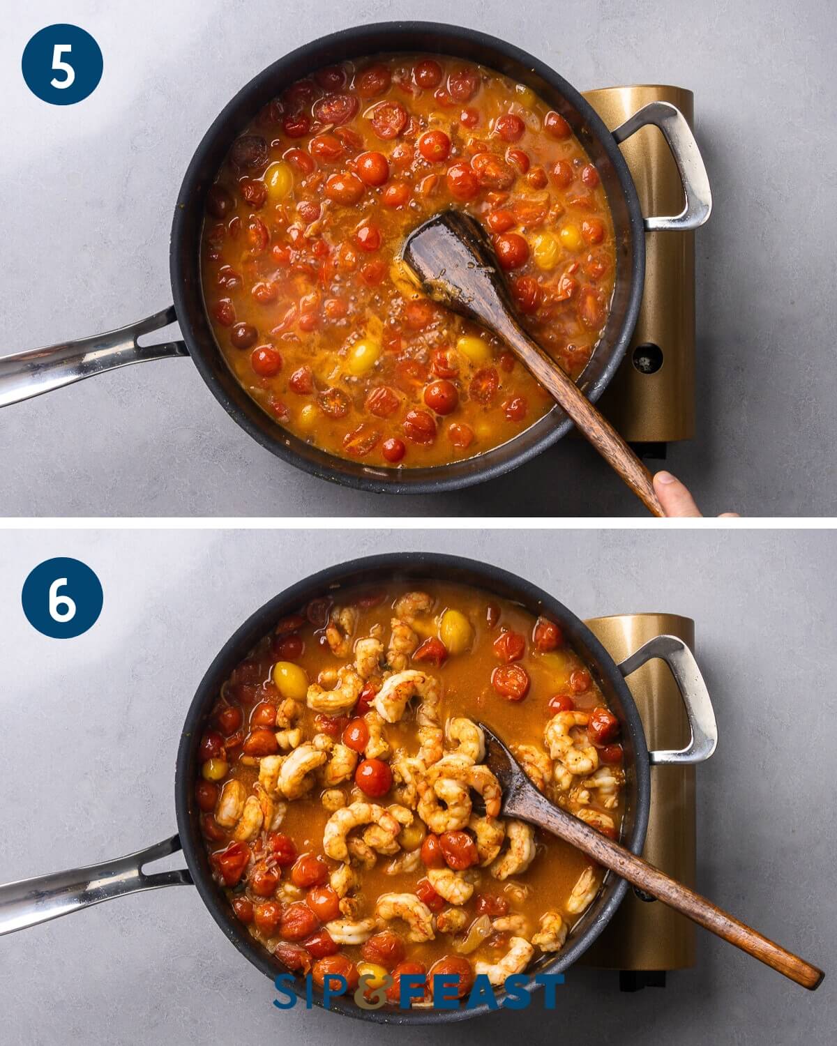 Recipe collage three showing bringing the sauce to a simmer and adding the seared shrimp back to the sauce.
