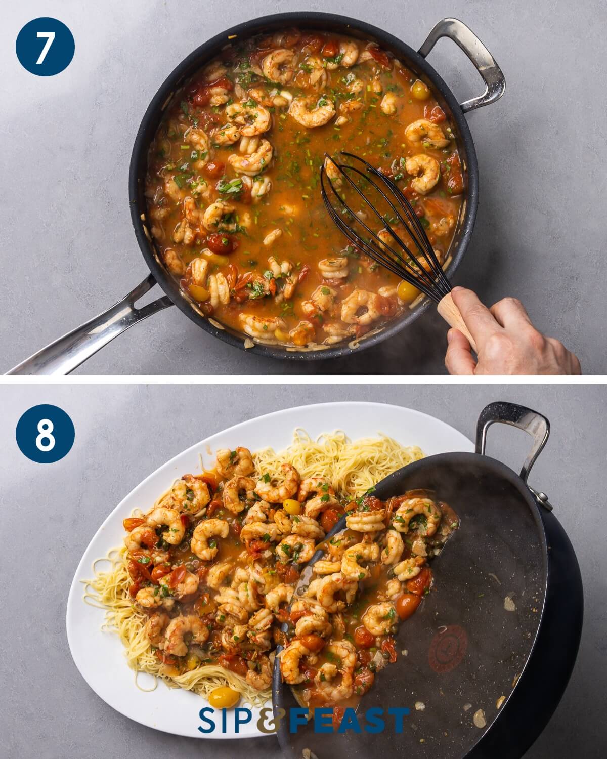 Recipe collage four showing whisking in the cold butter and pouring shrimp sauce over the pasta in a large platter.