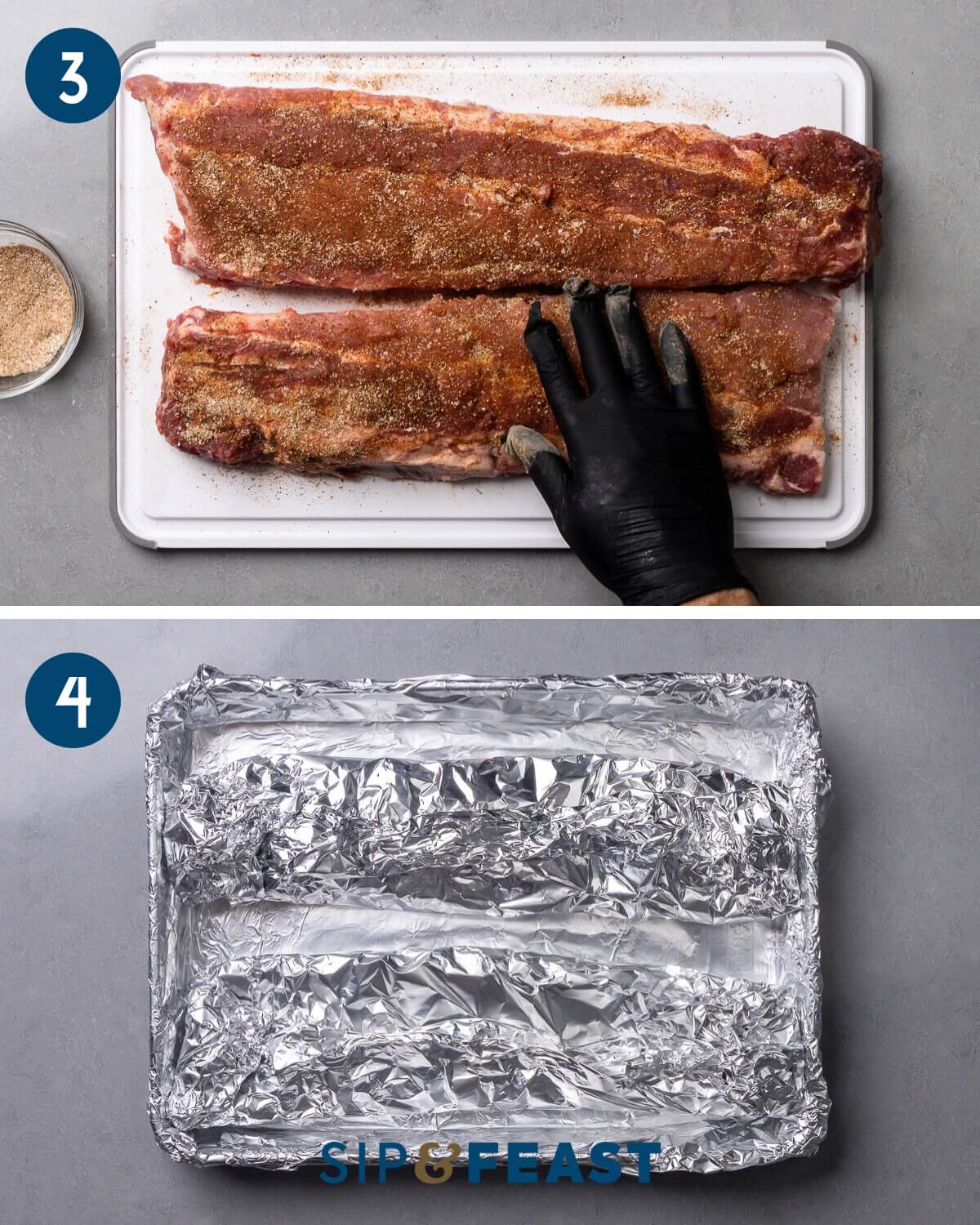 Recipe process collage two showing rubbing the spice rub onto ribs and wrapping the ribs in foil for baking.