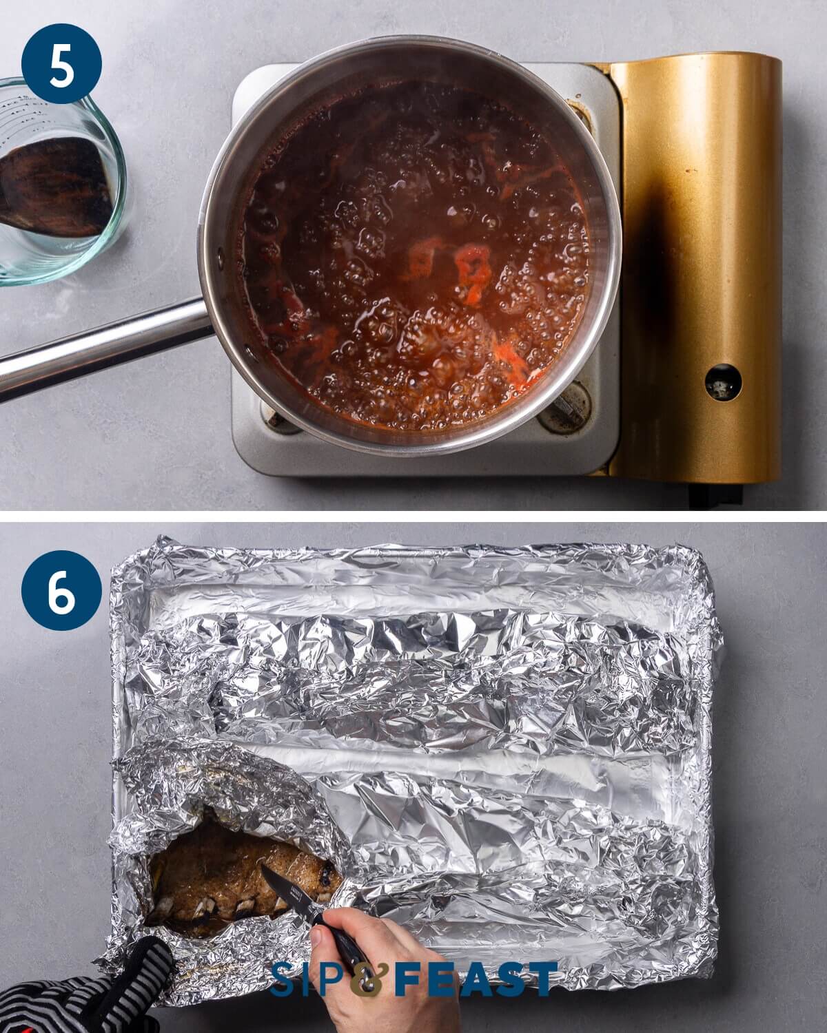Recipe collage three showing making the bbq sauce and checking the ribs for tenderness.