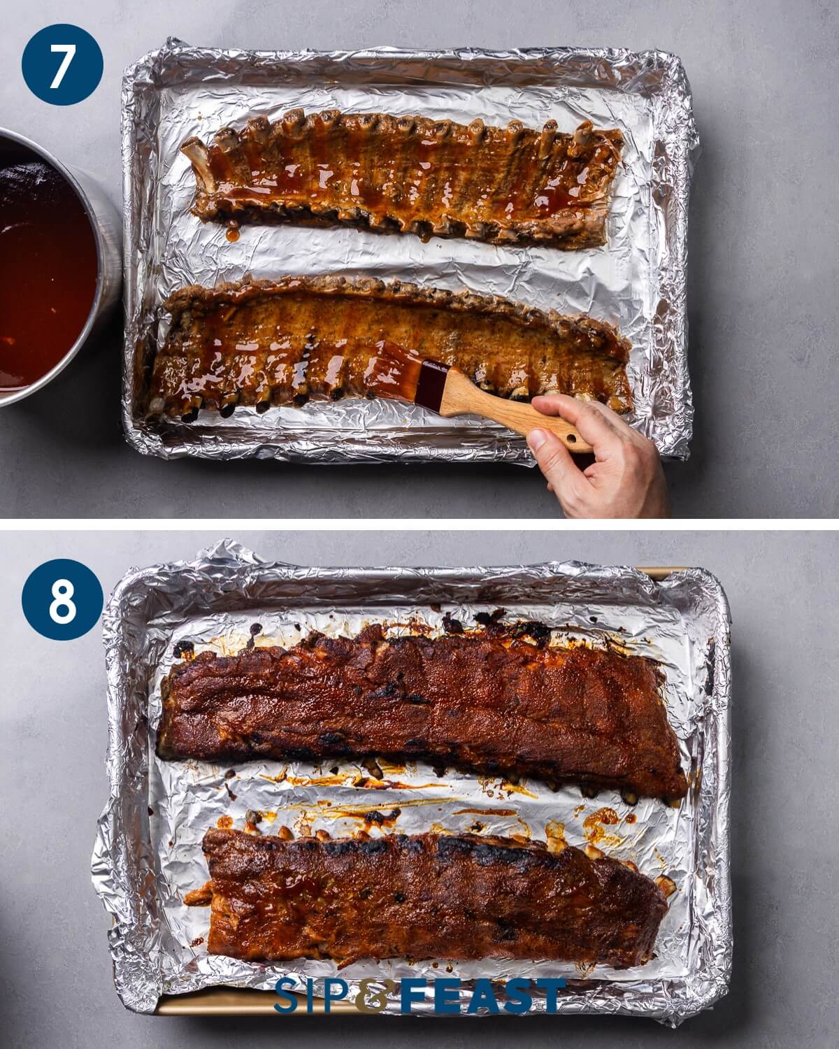 Recipe collage four showing basting the bbq sauce and the finished dish.