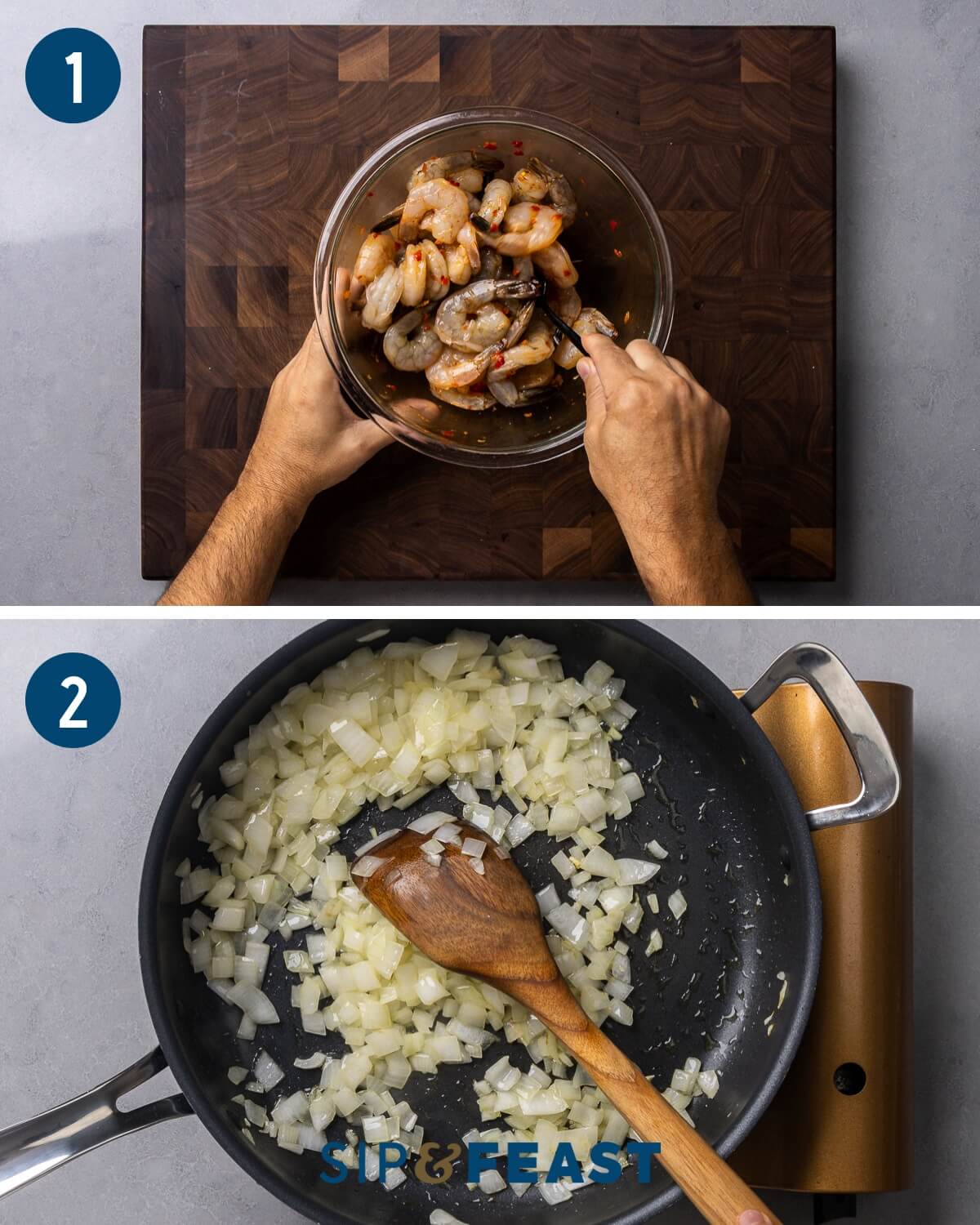 Roasted red pepper pasta with shrimp recipe process collage group one showing brining the shrimp in a bowl and sauteing the onions.