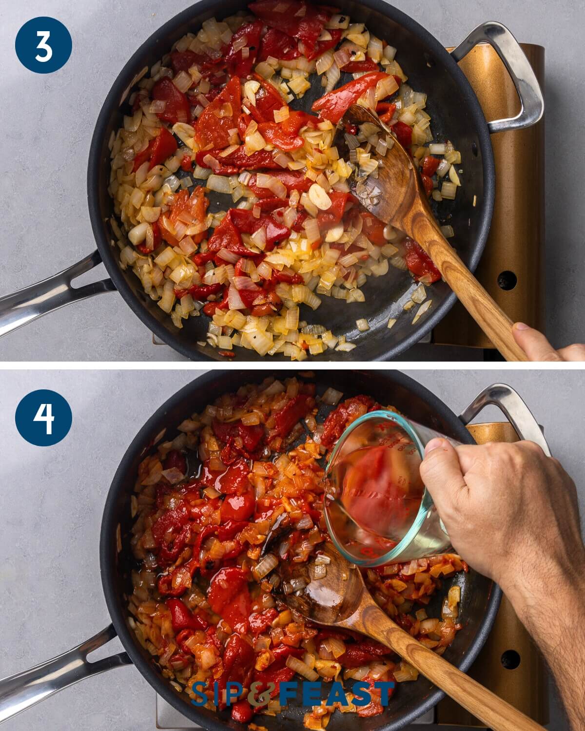 Recipe collage two showing sauteing the roasted red peppers and deglazing with white wine.
