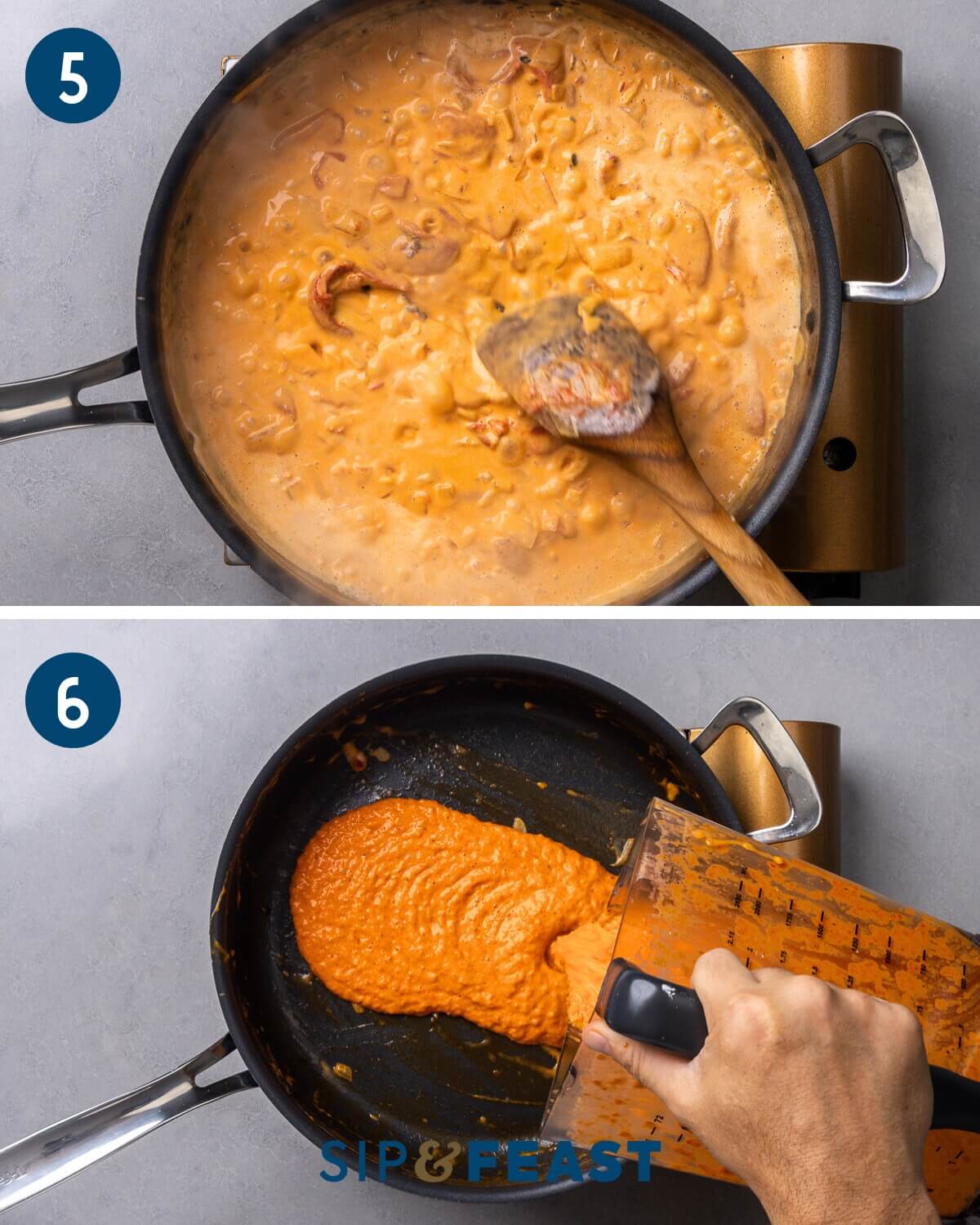 Recipe collage three showing bringing sauce to a simmer and adding the blended sauce back to the pan.
