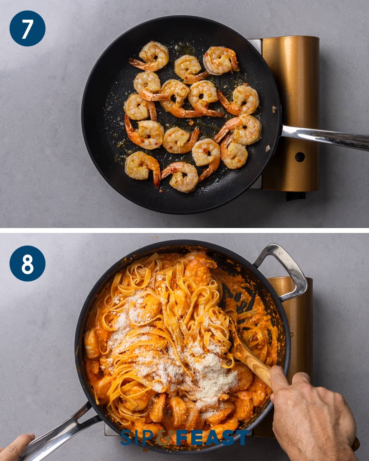 Recipe collage group four showing sauteing of shrimp and mixing the pasta and shrimp with the sauce and finishing with grated cheese.