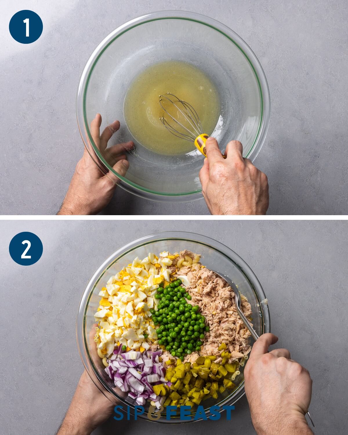 Tuna macaroni salad recipe process shot collage group one showing mixing of brine in large bowl and mixing of all the ingredients in the same bowl.
