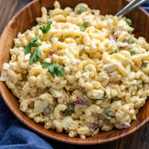 Tuna macaroni salad in wooden bowl.