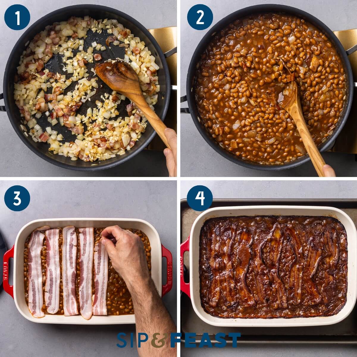 Recipe process collage showing frying of bacon and onions in large pan, mixing in the beans, putting strips of bacon on top of the beans, and the finishes dish.