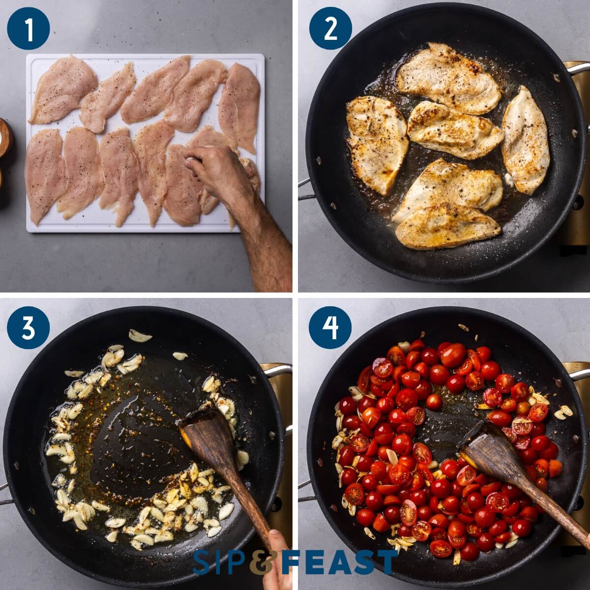 Recipe process collage group one showing seasoning of chicken cutlets, searing the chicken, sauteing garlic, and adding cherry tomatoes to the pan.