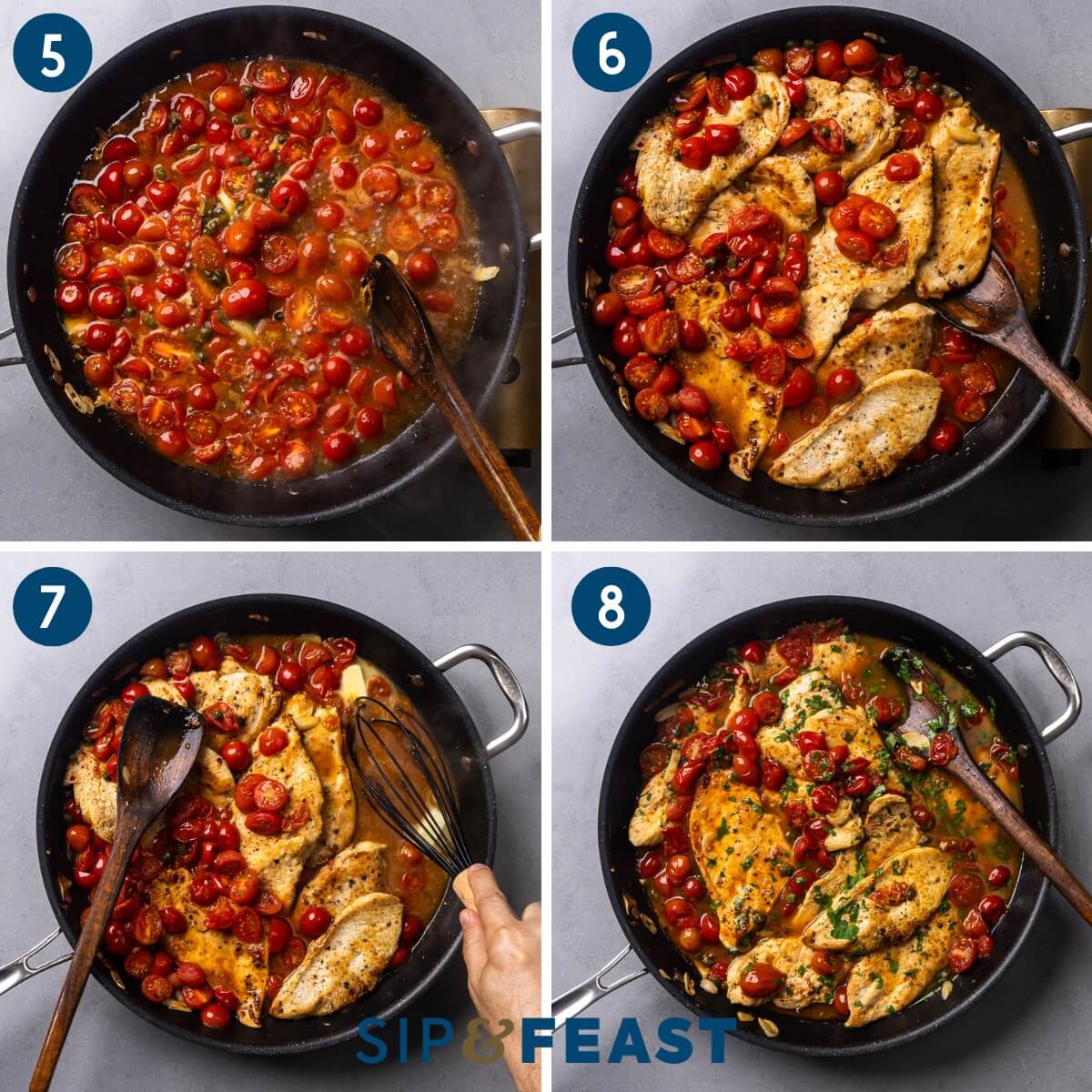 Recipe collage group two showing making the sauce, addin the cooked chicken, whisking in the cold butter, and finishing with parsley.