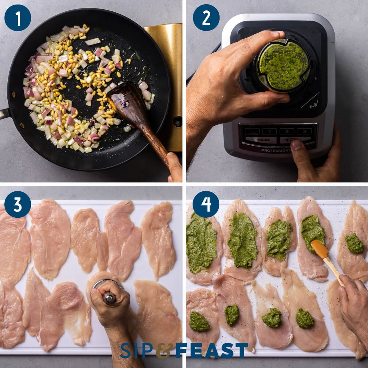 Recipe process shot collage group one showing sauteing the onions and pine nuts, blending the filling, poundin the chicken flat, and spreading the filling on the chicken pieces.