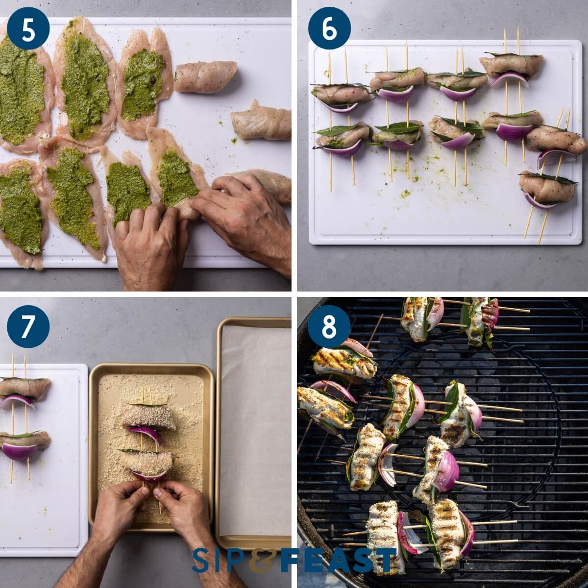 Recipe collage two showing rolling the chicken, skewering the spiedini, dredging in breadcrumbs, and grilling the spiedini.
