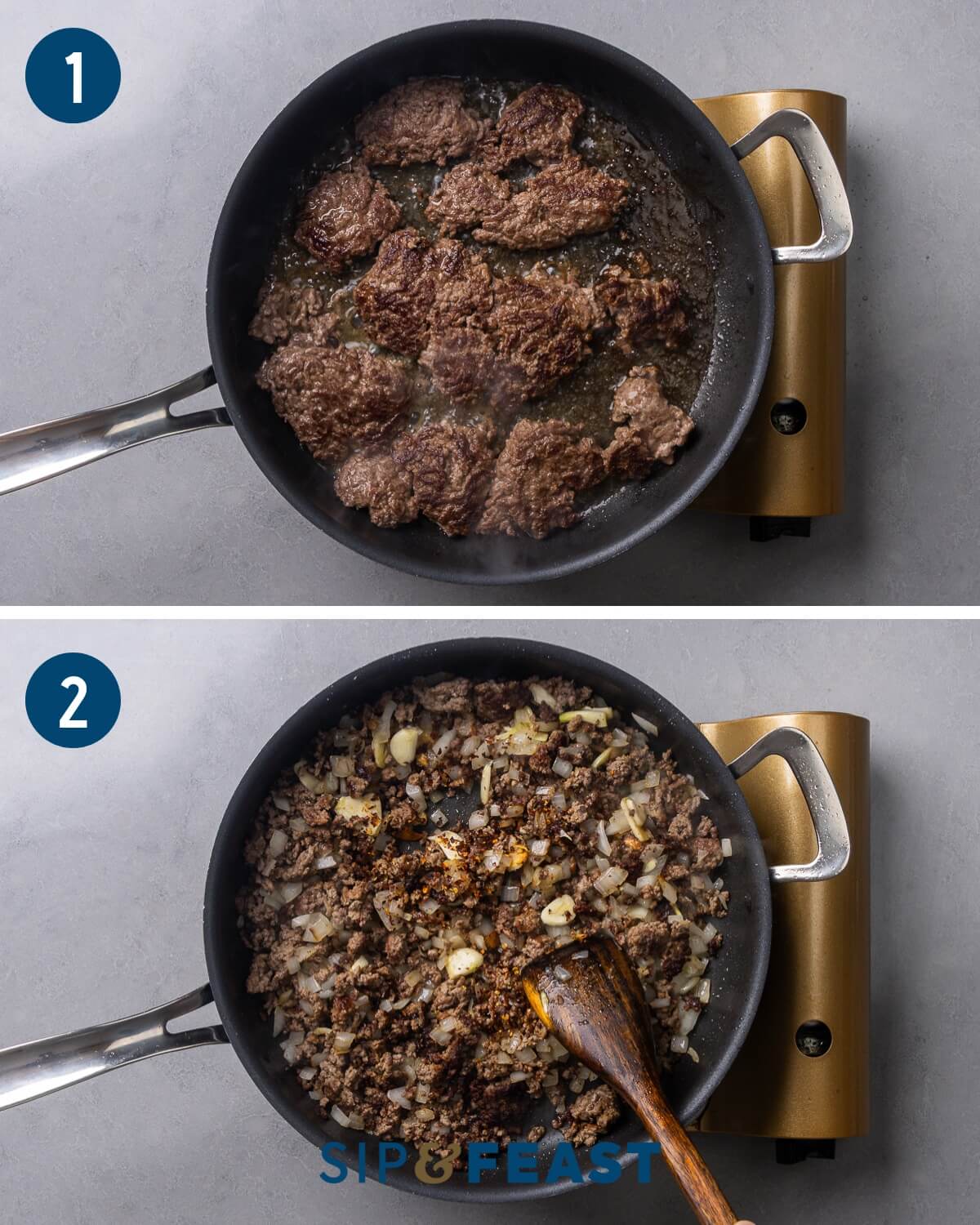 Creamy beef and shells recipe process shot collage group one showing browning of the beef and adding the onion and garlic.